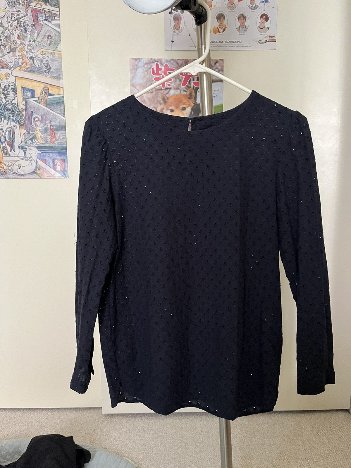 image of A P C Eyelet Navy Blouse, Women's (Size Small)