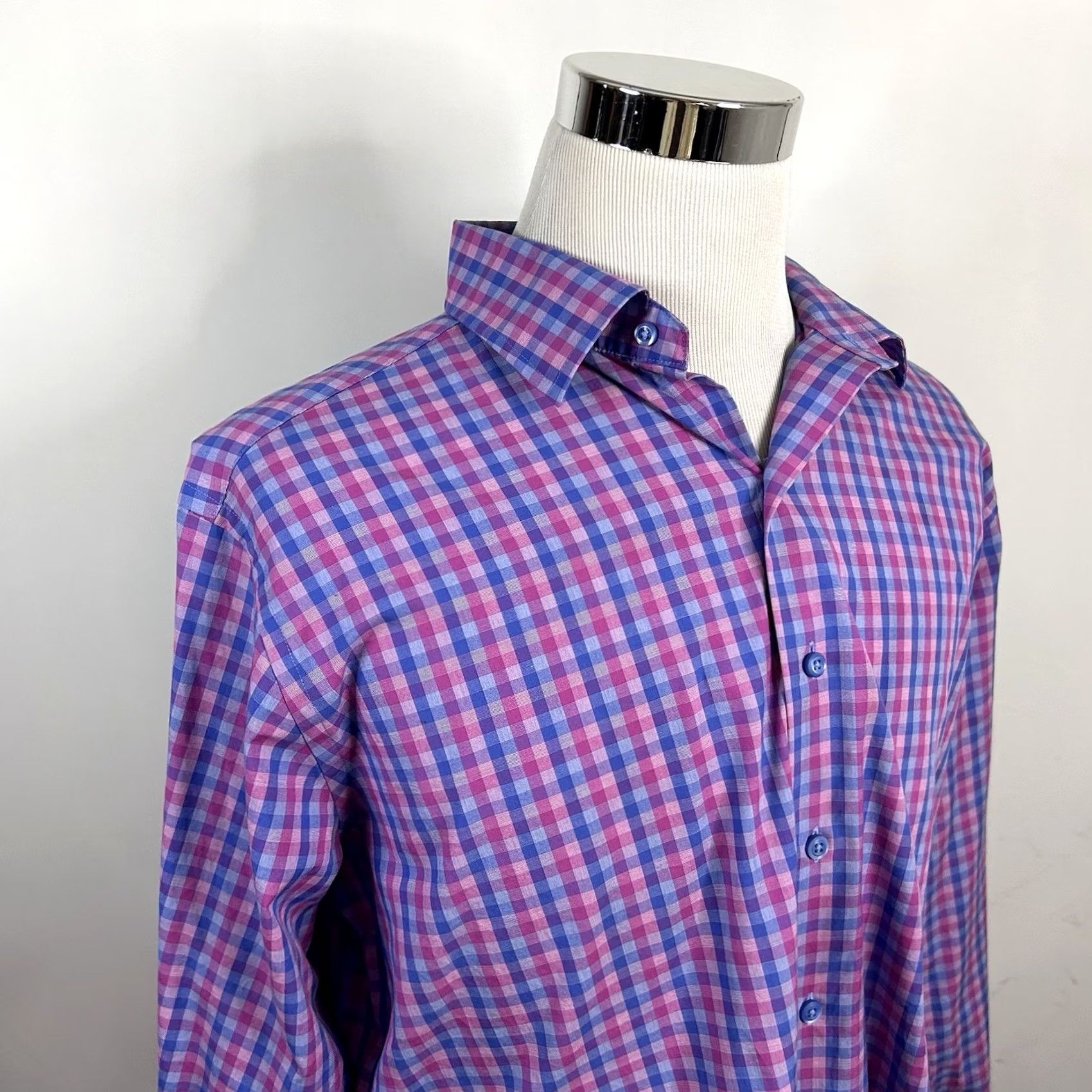 David Donahue David Donahue Dress Shirt Plaid 100% Cotton 17.5 35 Fusion Regular Fit Pink Blue Shirt Mens Size 48R - 2 Thumbnail