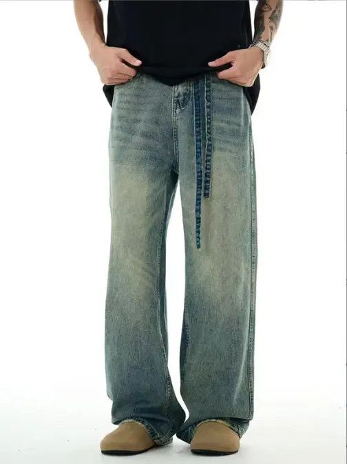 Japanese Brand Men's blue straight loose washed distressed belt jeans Size US 32 / EU 48 - 5 Thumbnail