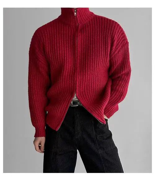 Japanese Brand Vintage Double Zipper Red XL Knit Stand-Up Jacket Coat Size US XL / EU 56 / 4 - 8 Thumbnail