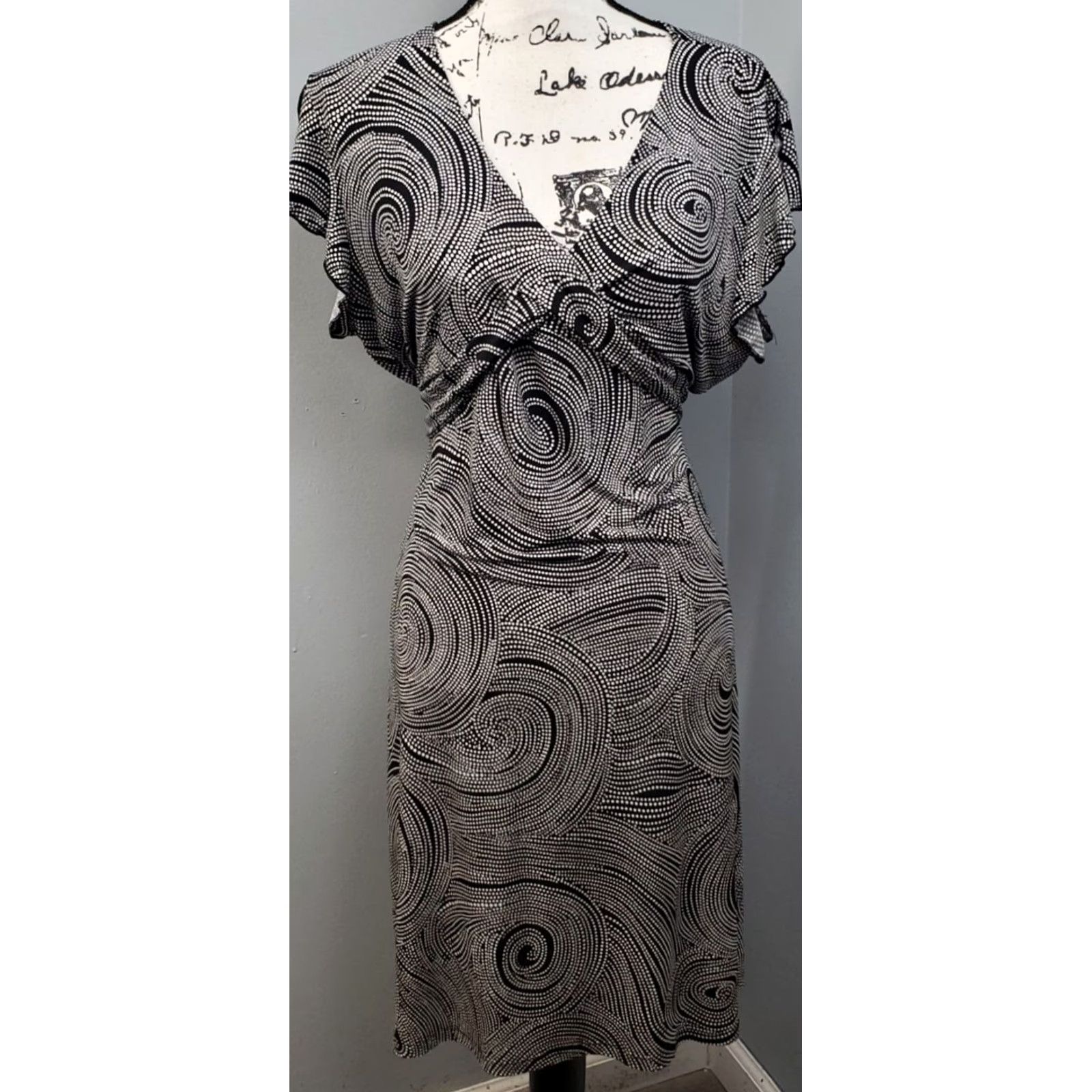 Vintage Giorgio Fiorlini Sheath Dress Womens XL Black Polka Dot Stretch Tie Back V-Neck Size XL / US 12-14 / IT 48-50 - 2 Thumbnail