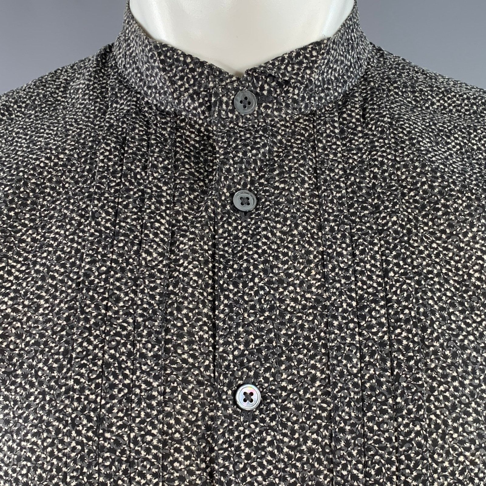 John Varvatos Black White Abstract Floral Pleated Tuxedo Long Sleeve Shirt Size US M / EU 48-50 / 2 - 2 Thumbnail