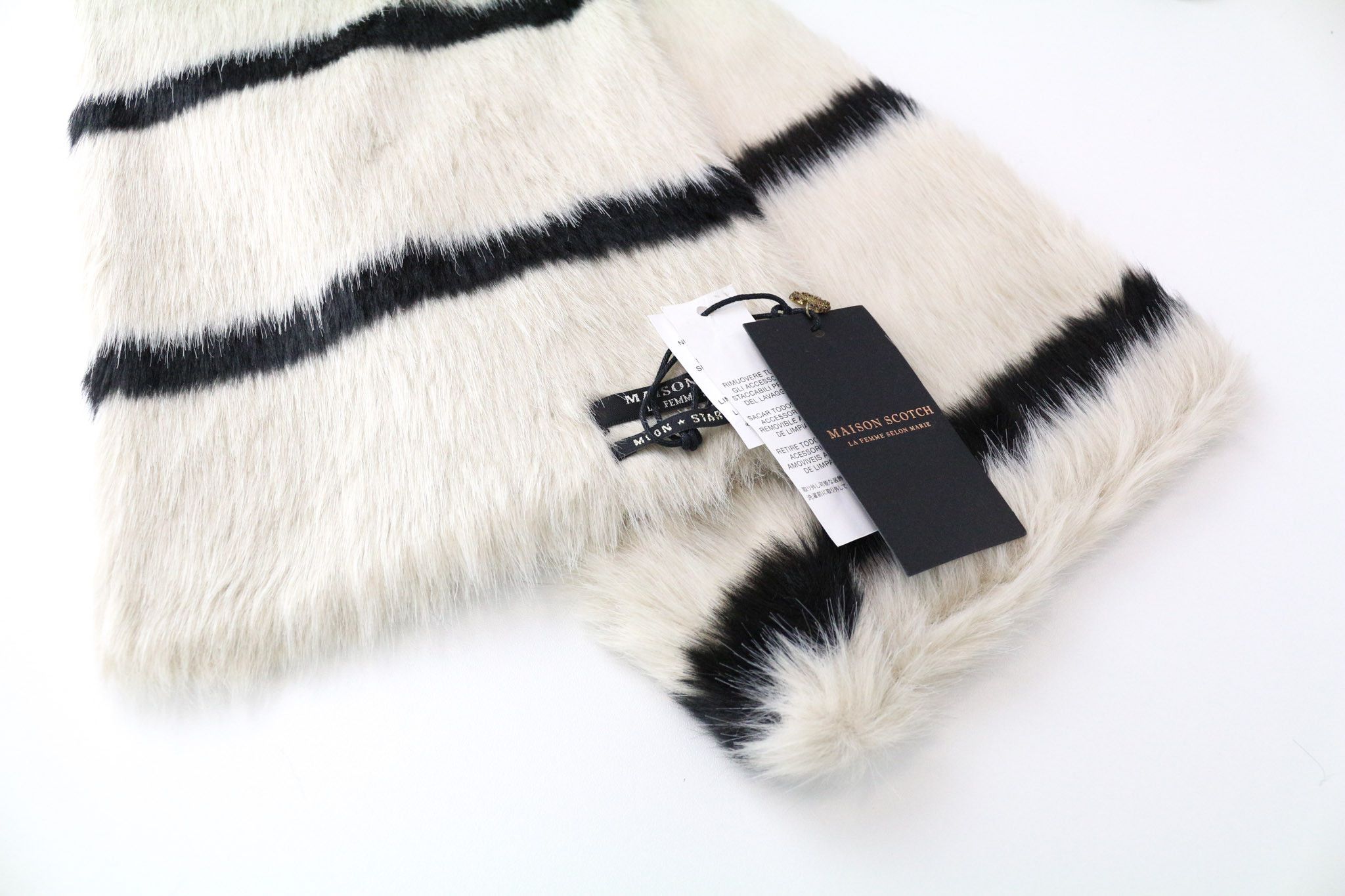 Maison Scotch OS Beige Brown Striped Faux Fur Scarf 74447 Size ONE SIZE - 5 Thumbnail