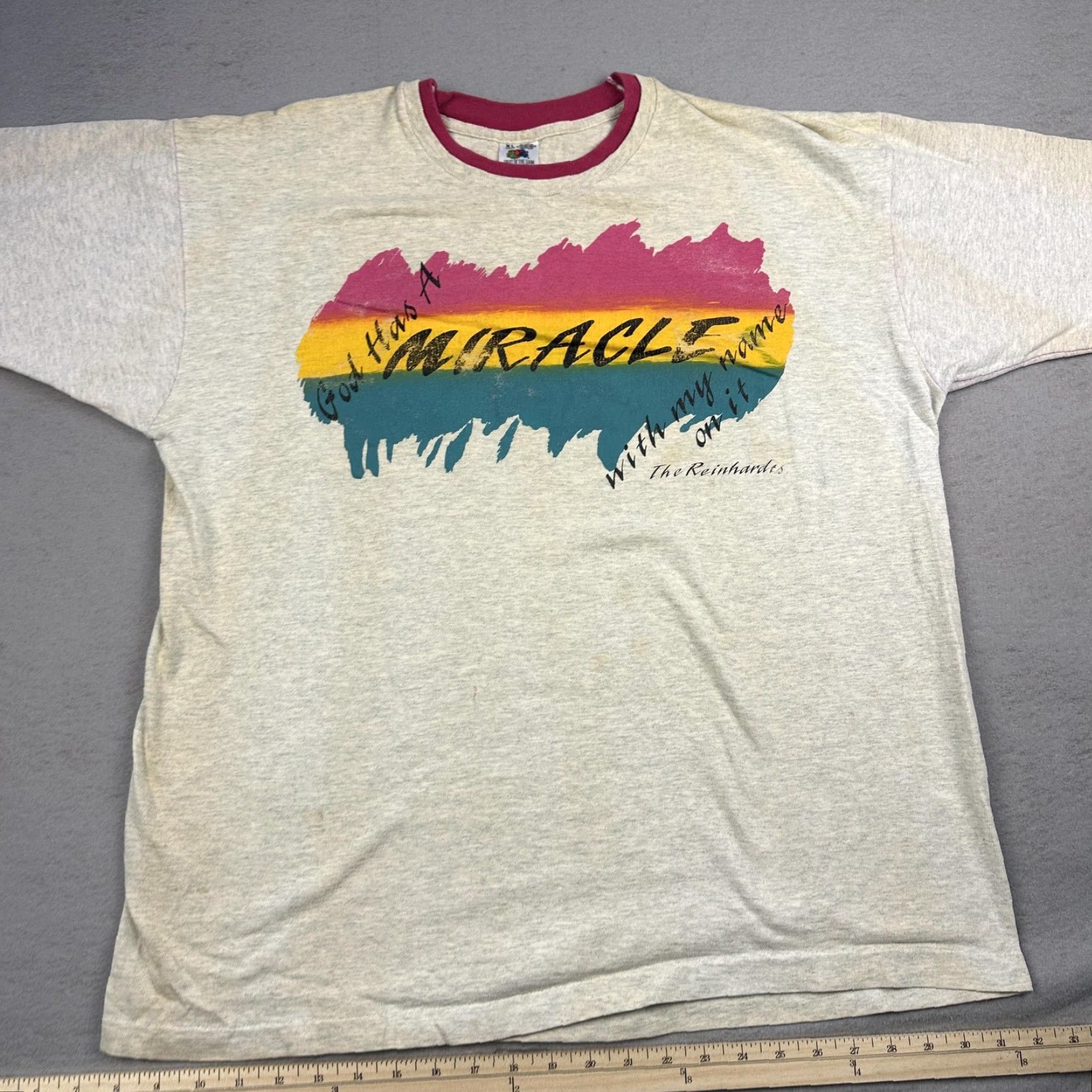 Fruit Of The Loom VINTAGE The Reinhardts Shirt Mens XL Heather Gray Ringer God Has A Miracle 90s Size US XL / EU 56 / 4 - 4 Thumbnail