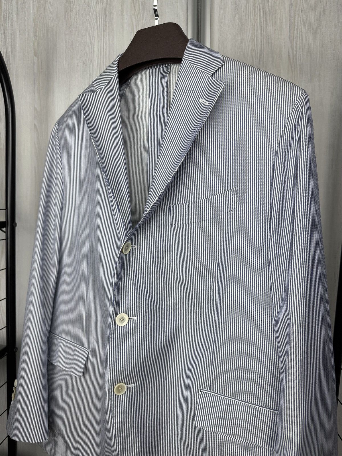 Lardini Lardini 100% Linen Blue White striped unlined lux blazer Size 48R - 4 Thumbnail