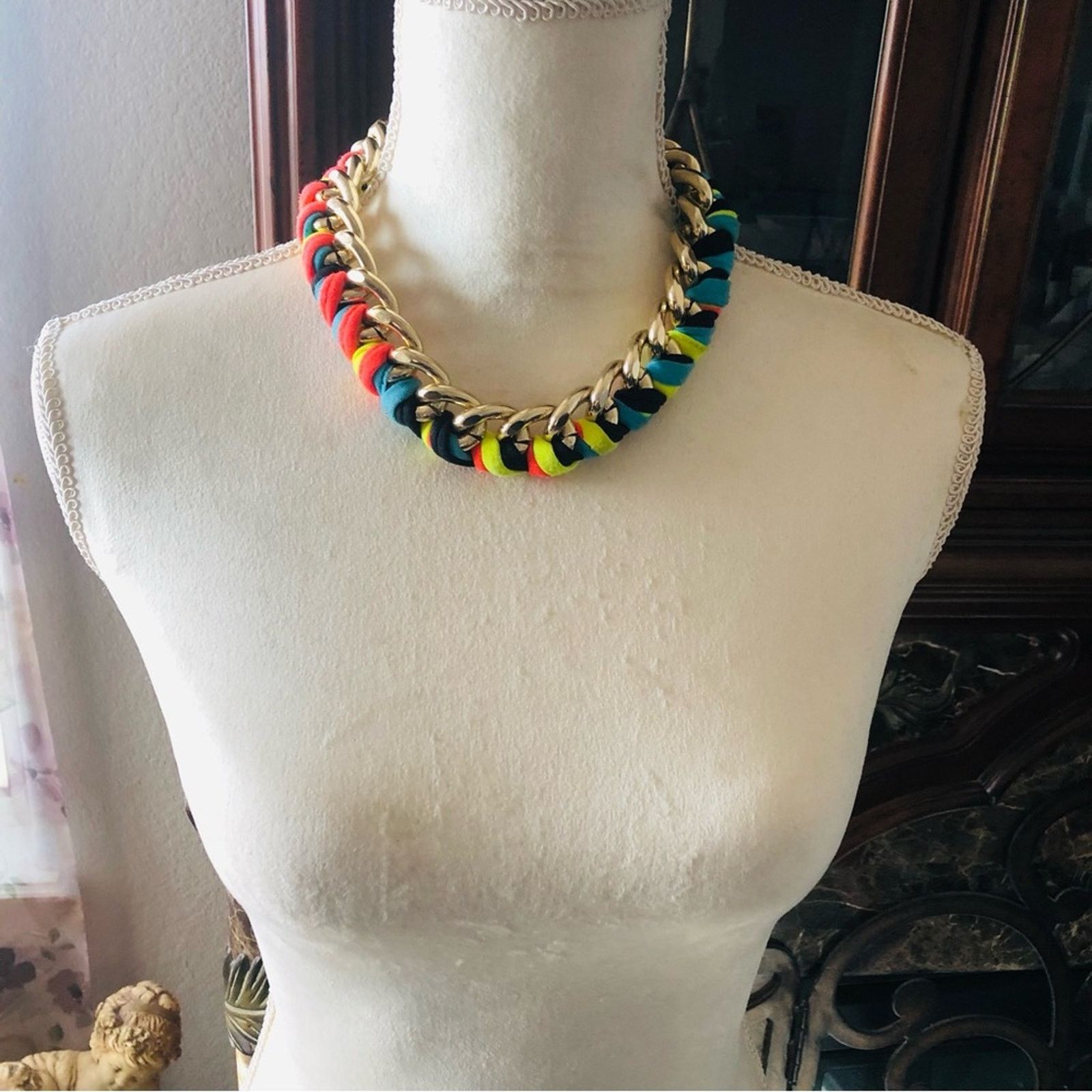 Handmade Hand crafted colorful ribbon braided gold chain necklace Size ONE SIZE - 8 Thumbnail