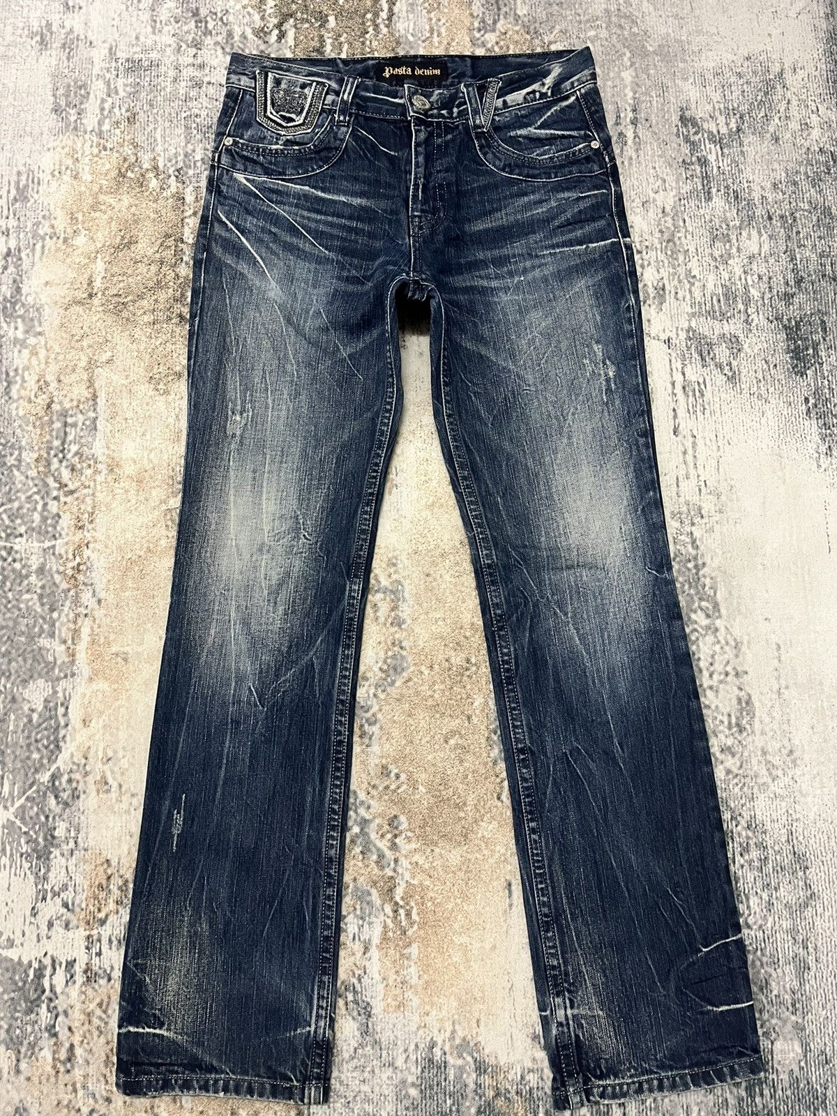 image of Avant Garde x Vintage Pasta Denim Embroidered Zipper Pocket Jeans Pant Denim in Blue (Size 33)