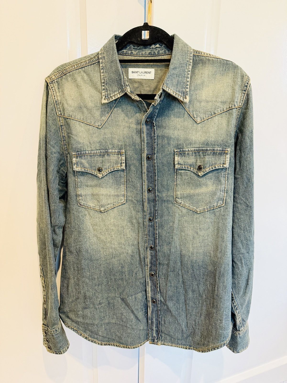 Saint Laurent Paris Retail $900 - Indigo Snap Button Shirt Size US L / EU 52-54 / 3 - 1 Thumbnail