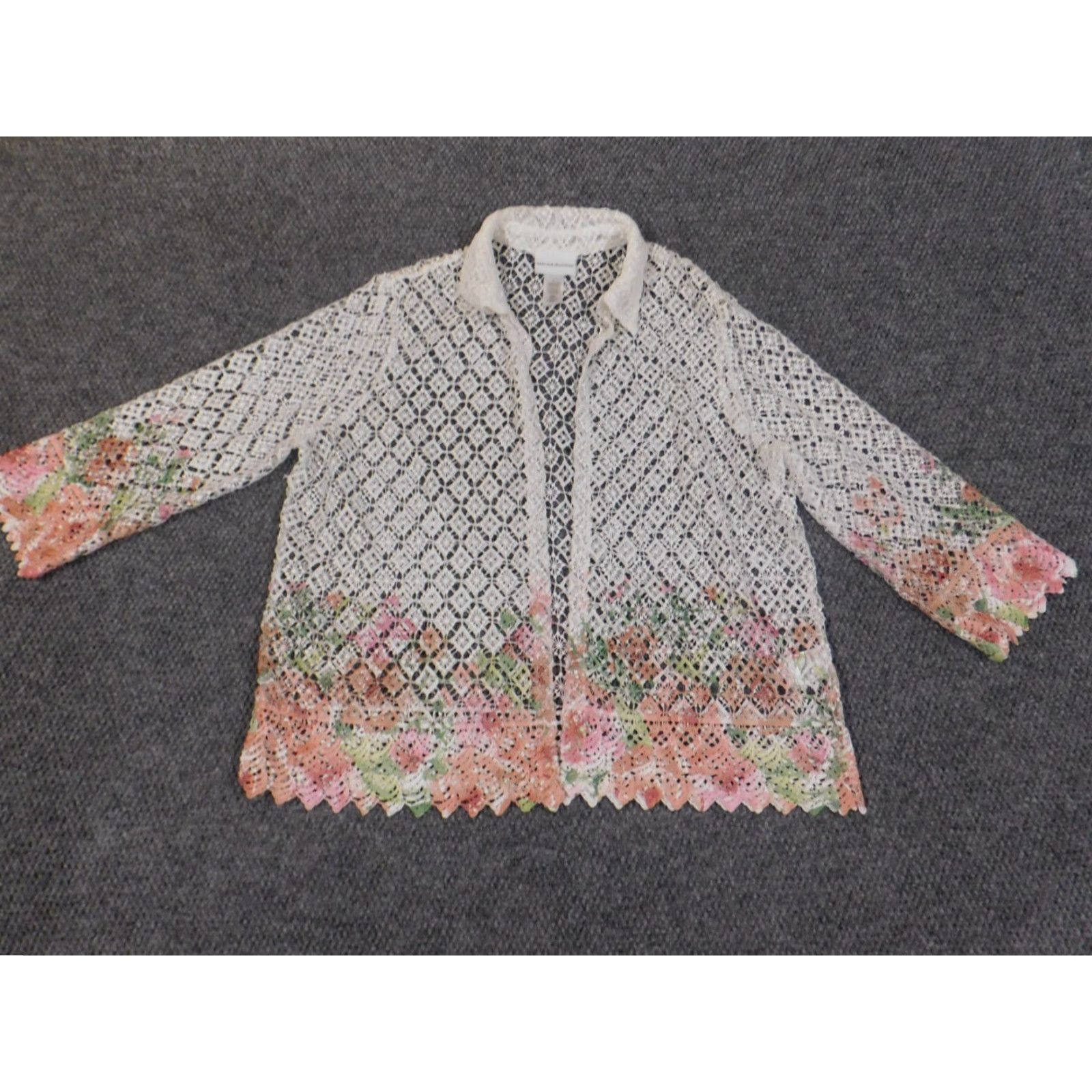 Vintage Alfred Dunner Blouse Womens Large White Lace Polyester Open Collared Long Sleeve Casual Shirt Size L / US 10 / IT 46 - 2 Thumbnail