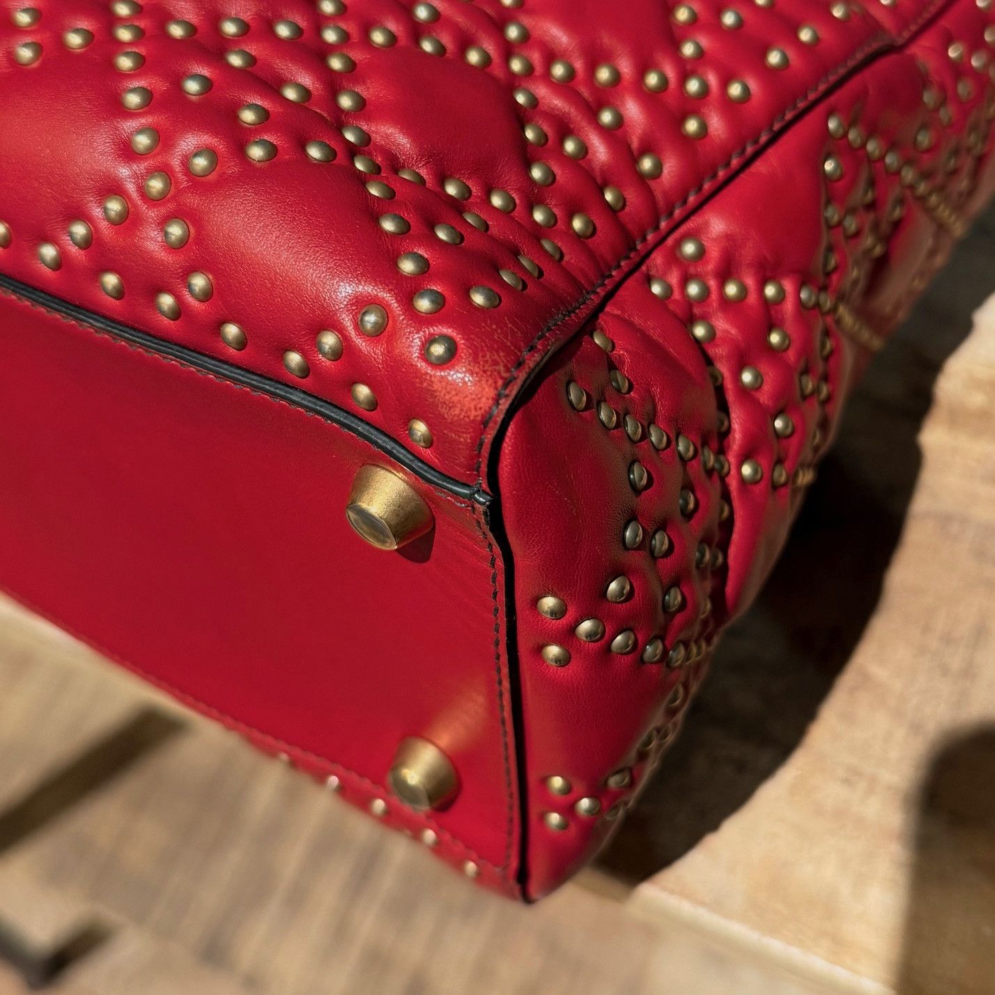 Dior Christian Dior Red Leather Gold Studded Medium Lady Dior Bag Size ONE SIZE - 21 Thumbnail