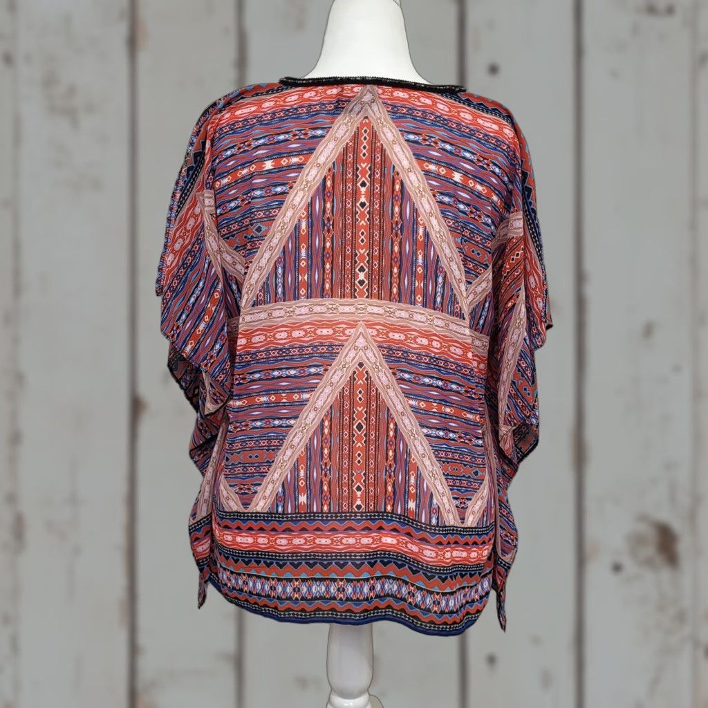 Vintage ND New Directions Shirt Women Size L Beaded Chiffon Red Blue Aztec Tunic Blouse Size L / US 10 / IT 46 - 1 Thumbnail