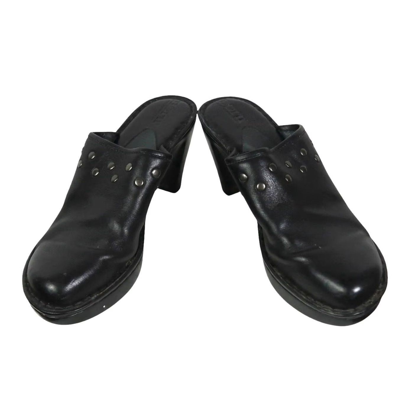 Born Born Black Leather Studded Wedge Heel Mule Clogs Women 8 Studded Bohemian Casual High Heel Spring Fall Shoes Size US 8 / IT 38 - 3 Thumbnail