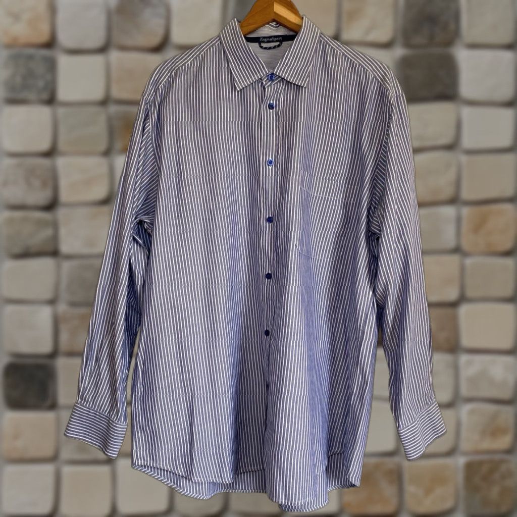 Vintage VINTAGE Zegna Sport Shirt Striped Button-Up XL Men's Blue White Casual Long Sleeve Collared Size US XL / EU 56 / 4 - 1 Thumbnail