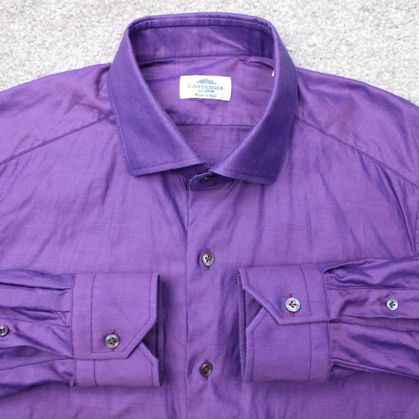 Vintage Castangia Dress Shirt Mens 16 Purple 100% Cotton Made in Italy Long Sleeve Shirt Mens 16, 41 Size 42R - 2 Thumbnail
