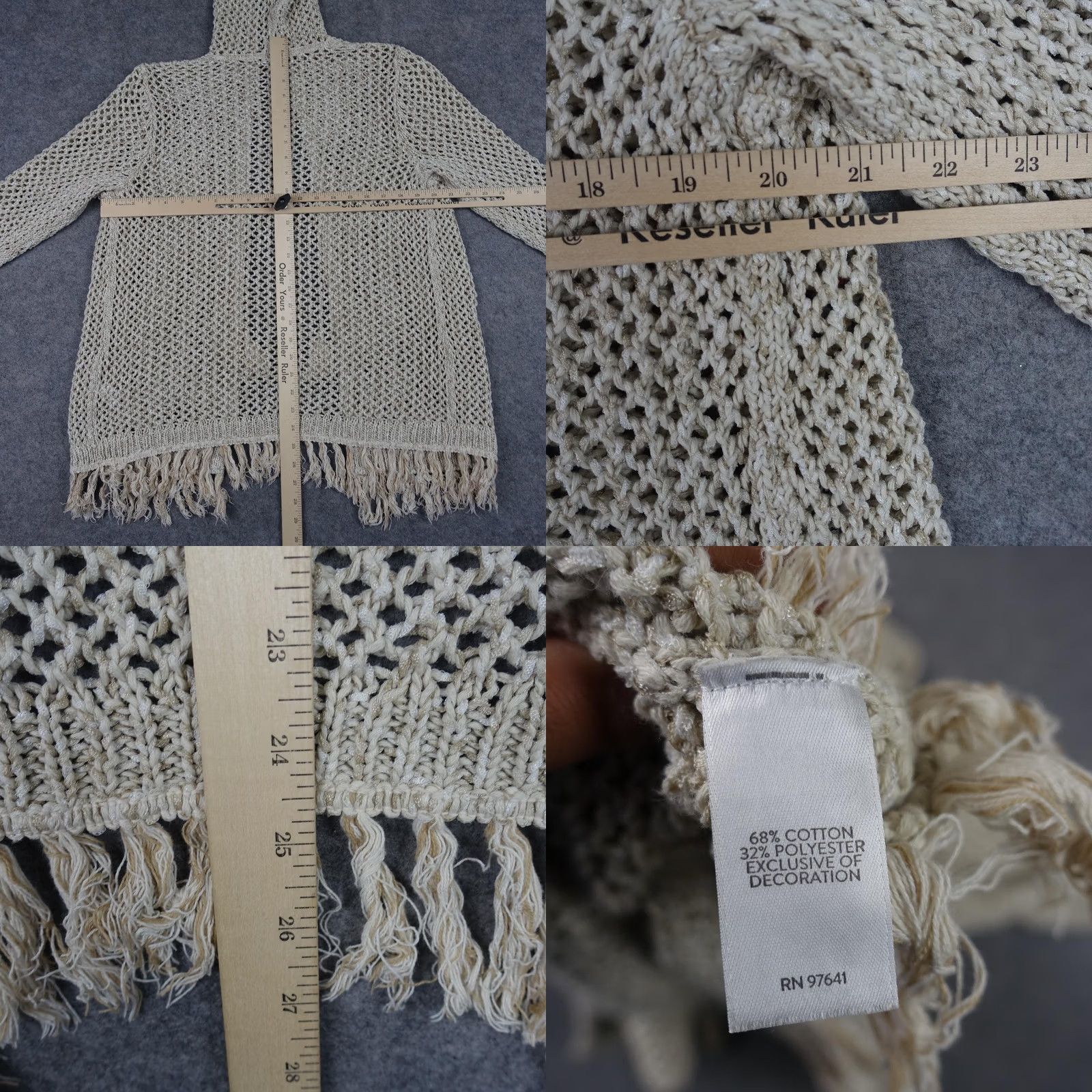 J. Jill J. Jill Cardigan Sweater Womens Medium Beige Open Knit Hood Fringe Bohemian Tasseled Size M / US 6-8 / IT 42-44 - 8 Thumbnail