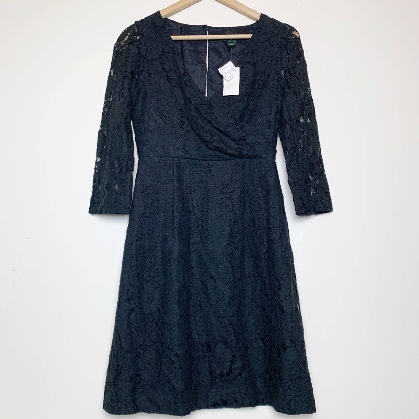 J Crew Black Lace Faux Wrap Top Midi Dress Women’s Size 2