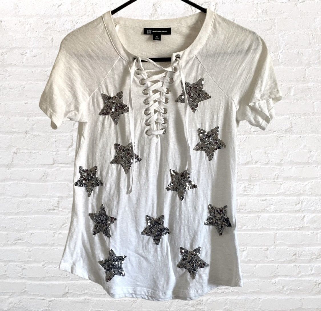I.N.C INC INTERNATIONAL SEQUIN STAR EMBELLISHED LACE UP TOP SHIRT Size XS / US 0-2 / IT 36-38 - 2 Thumbnail