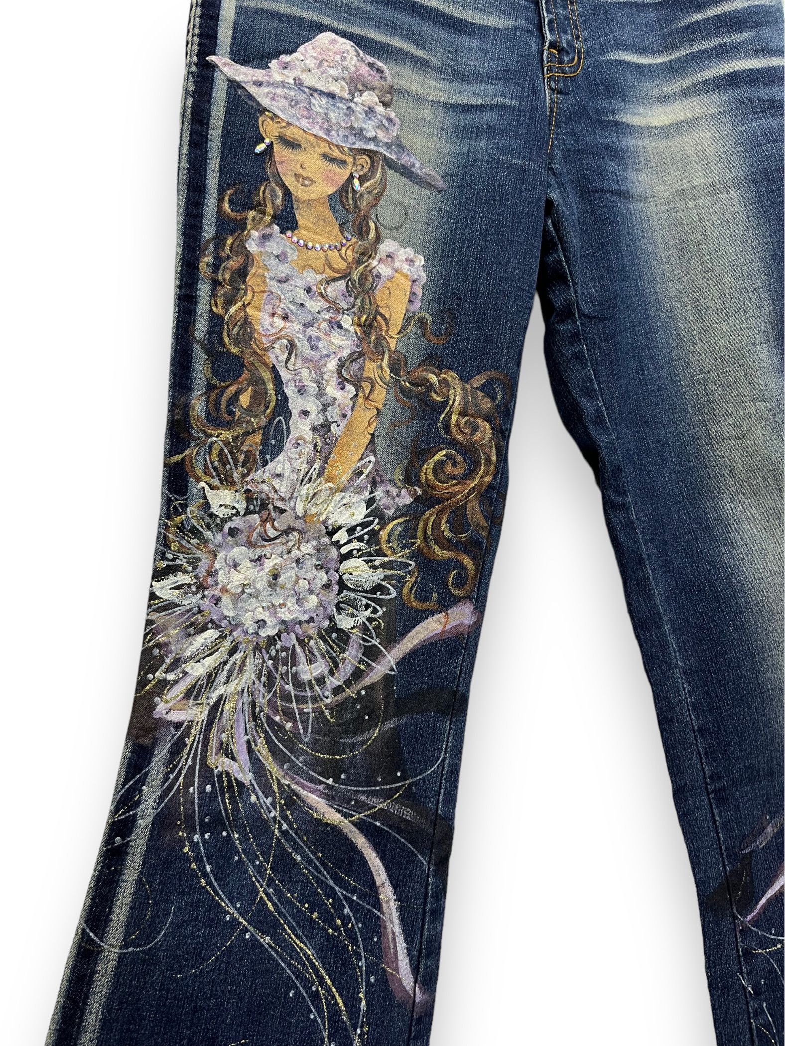 Art Comes First ART💥 CELTA Hand Painting Stretch Denim Flared Size US 29 - 1 Thumbnail