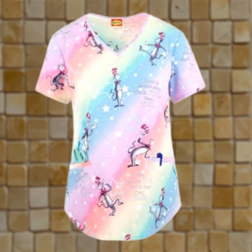 Vintage Tooniforms Dr. Seuss Magical Cat 2-Pocket STRETCH V-Neck Scrub Top S Women Size S / US 4 / IT 40 - 1 Preview