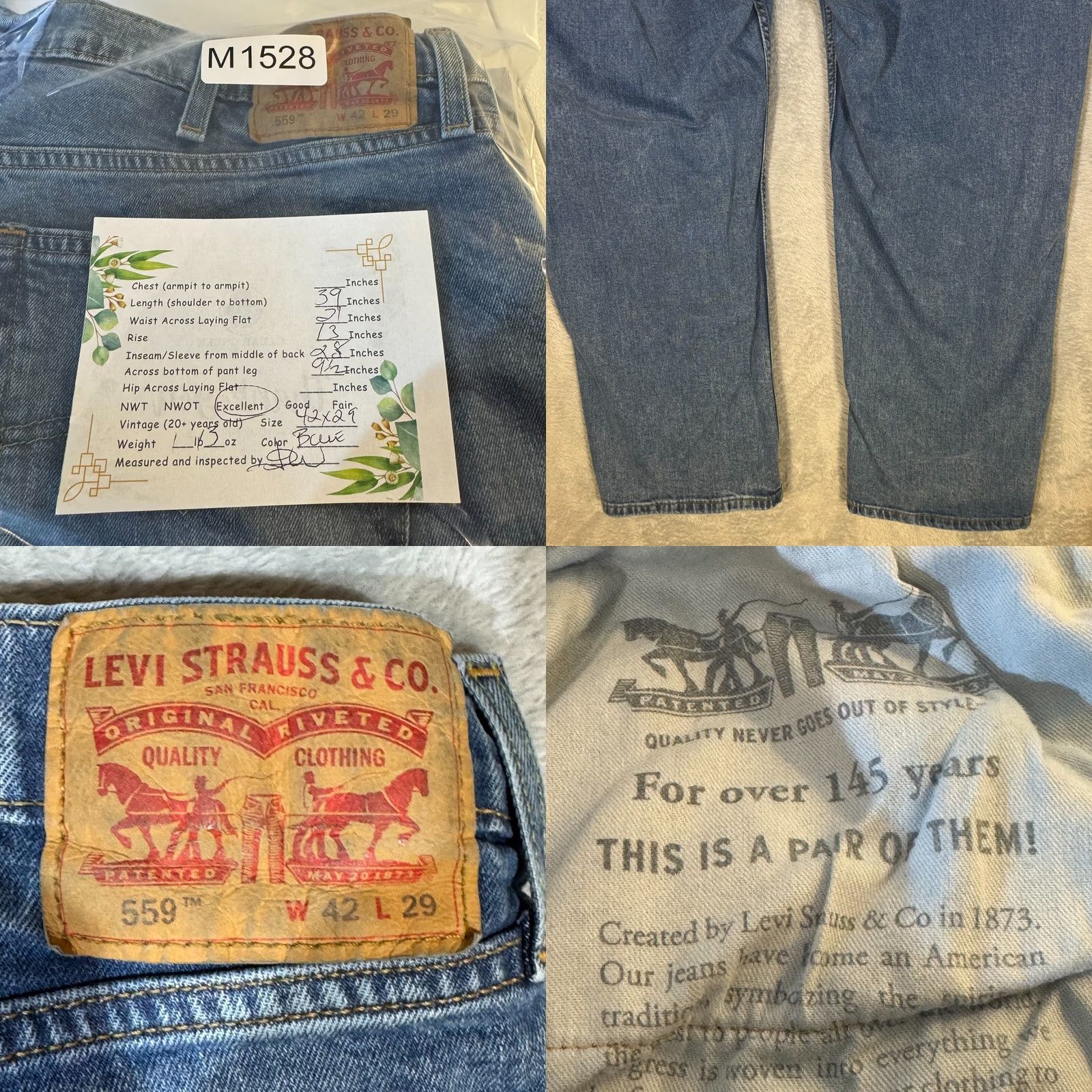 Levi's Levi’s 559 Jeans Men’s 42 x 29 Blue Denim Relaxed Fit High-Rise Straight Leg Jeans Size US 42 / EU 58 - 8 Thumbnail