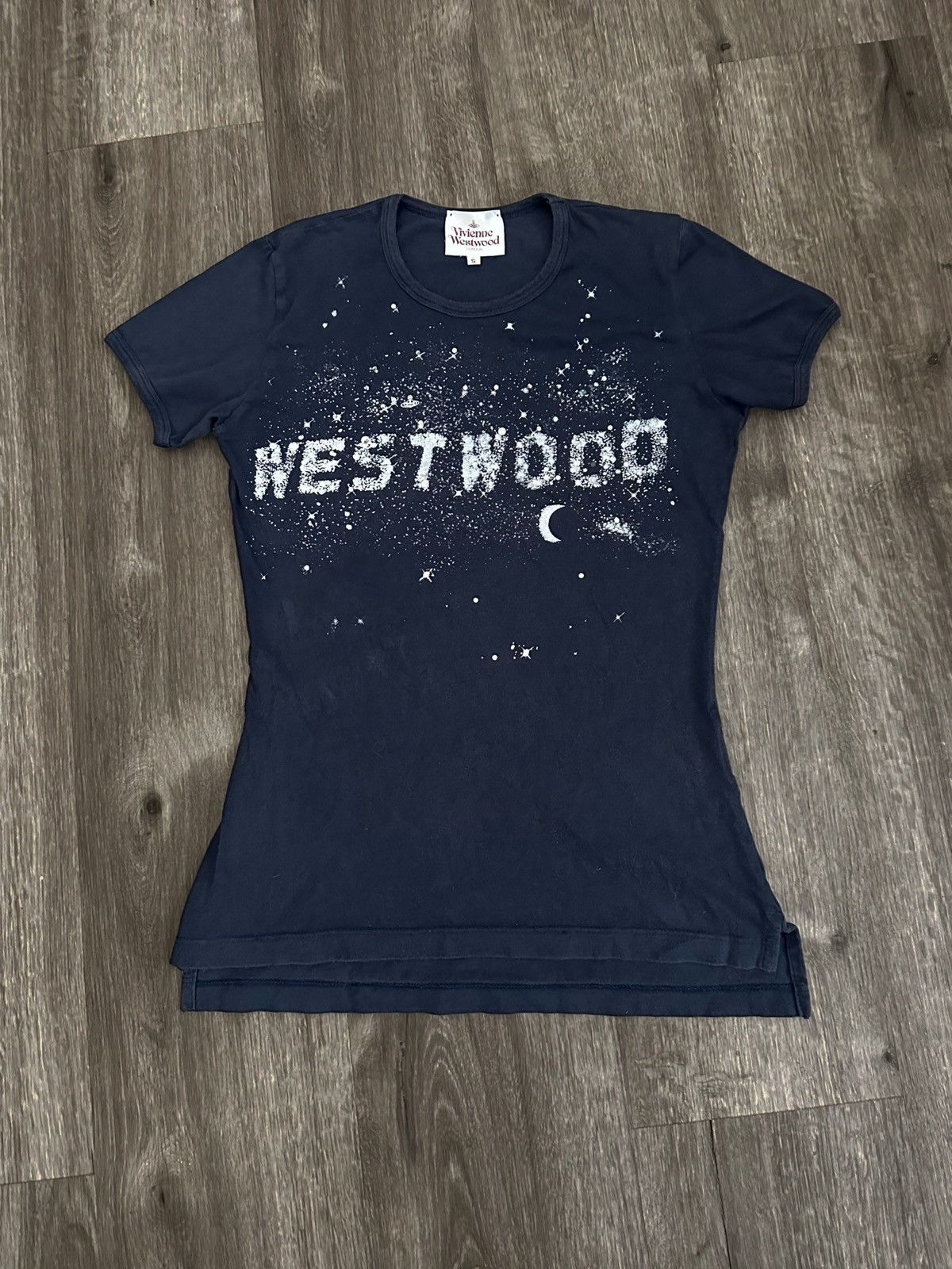 image of Vintage Vivienne Westwood Galaxy Milky Way T Shirt in Navy/White, Women's (Size Small)