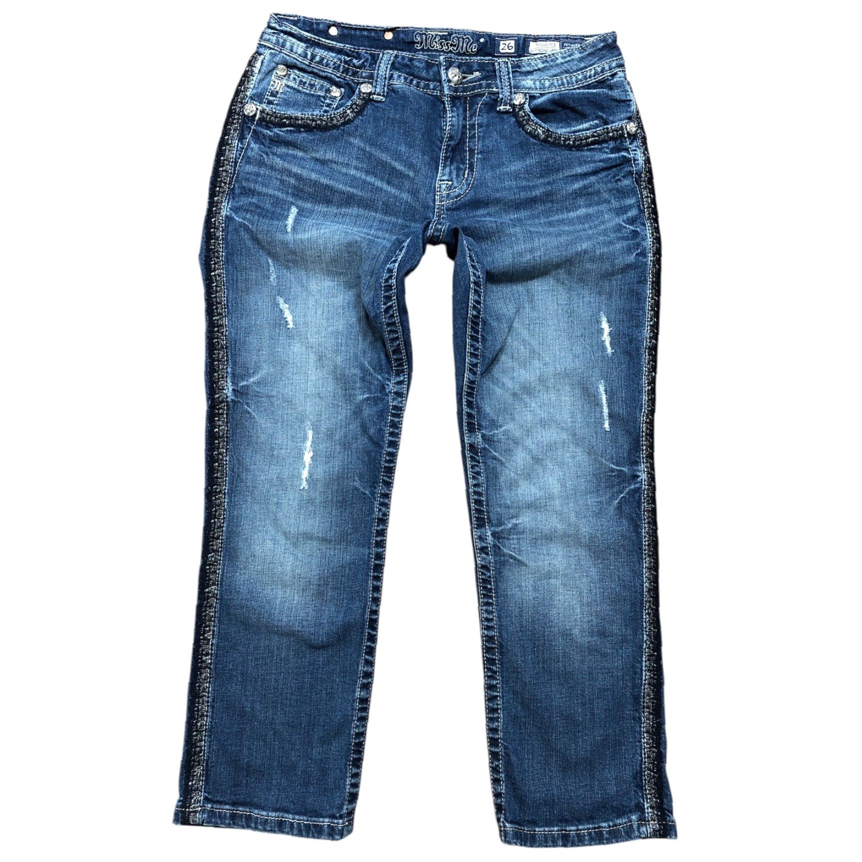 Miss Me Miss Me Jeans Women 5-Pocket Denim Boyfriend Regular Rise 8in Distressed Dark Wash Blue 26 X 24 IN Womens Jeans Size 29" - 2 Thumbnail