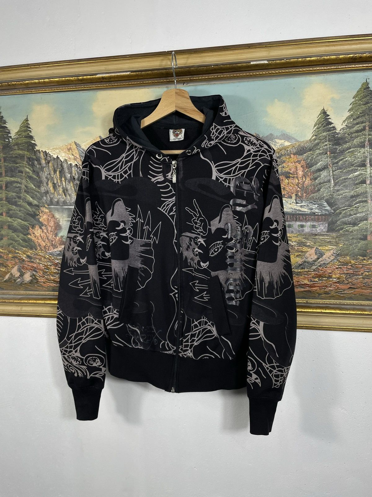 Ed Hardy × Vintage Ed Hardy Y2k Avant Garde Zip AOP Hoodie Sweatshirt Vintage Size M / US 6-8 / IT 42-44 - 3 Thumbnail