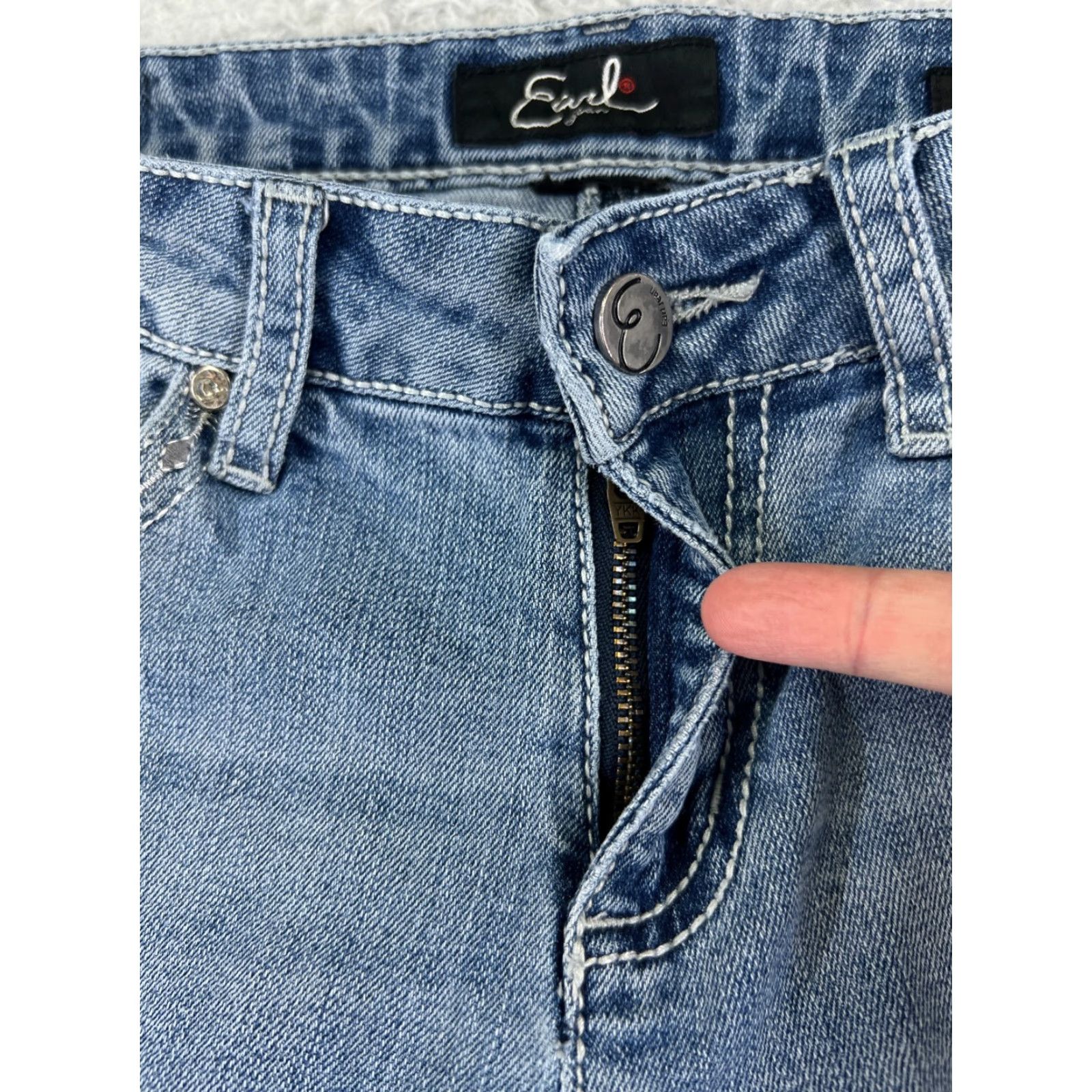 Vintage Earl Jean Jeans Women Blue Denim Slim Boot Mid 27x29 5-Pocket Embroidered Bling Belt Loop Zipper Hemmed Size 27" / US 4 / IT 40 - 5 Thumbnail