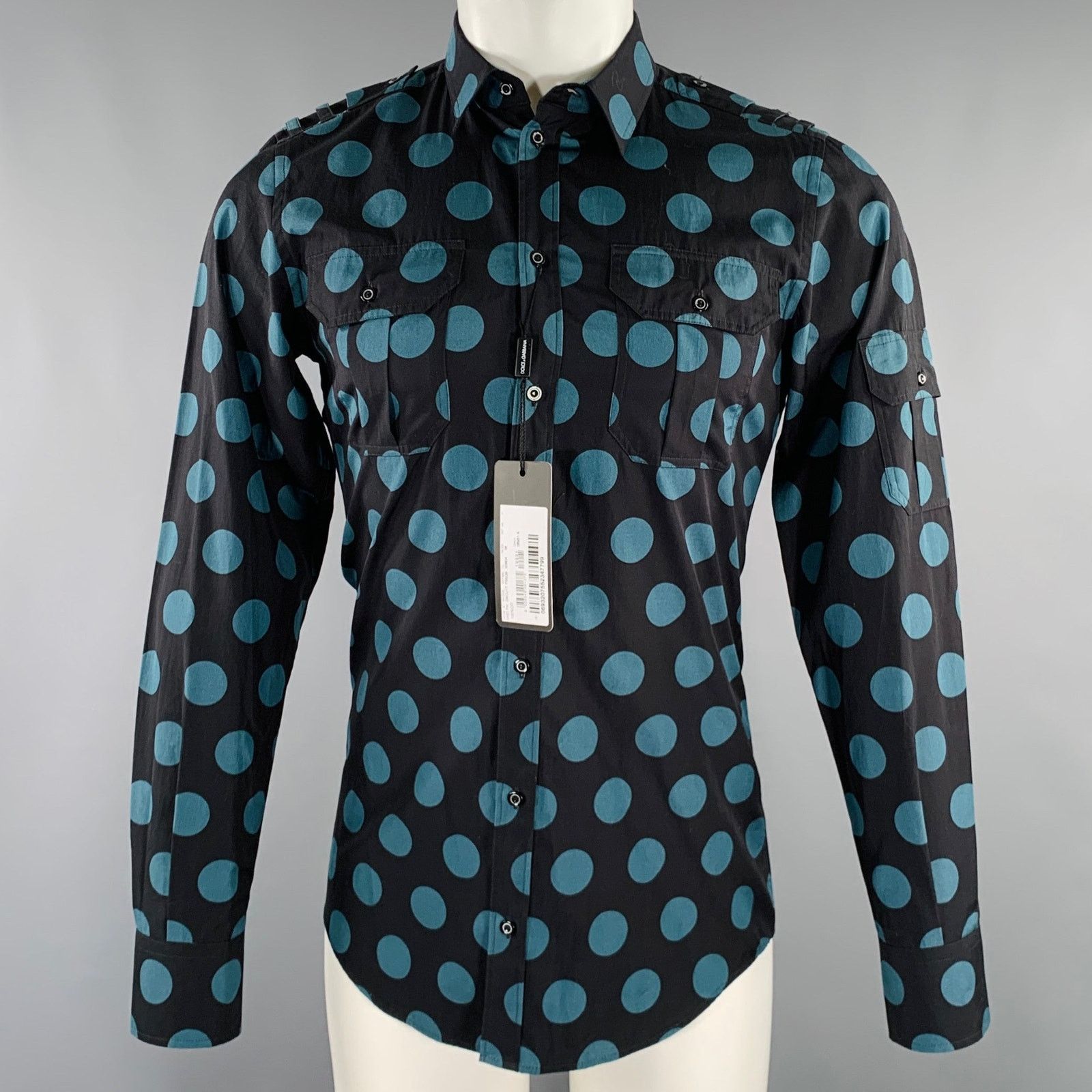 Size 38 Black Blue Dots Cotton Epaulettes Long Sleeve Shirt