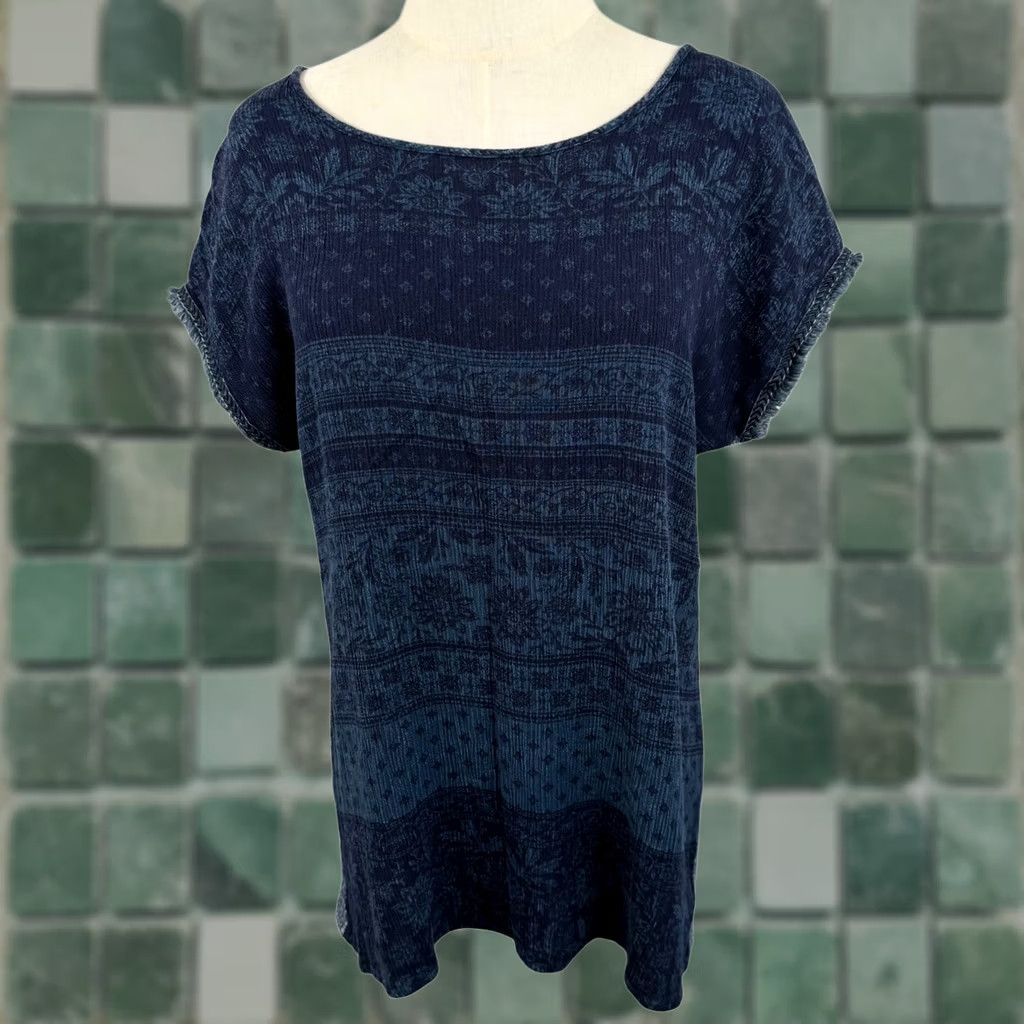 Vintage Blu Pepper Womens M SS Top Navy Floral Damask Mixed Media Boho Peasant Coastal Rayon Blouse Shirt Size M / US 6-8 / IT 42-44 - 1 Thumbnail