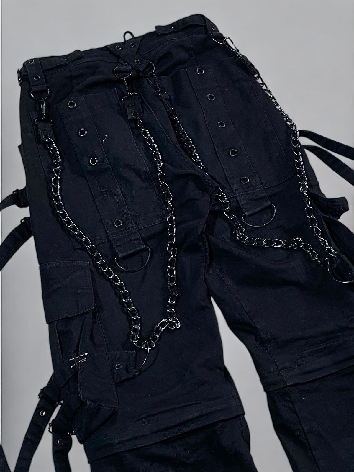 Other 🔥 Y2k GOTHICANA BLACK STRAP PANTS CHAINS CYBER RAVE VIBES Size US 32 / EU 48 - 6 Thumbnail