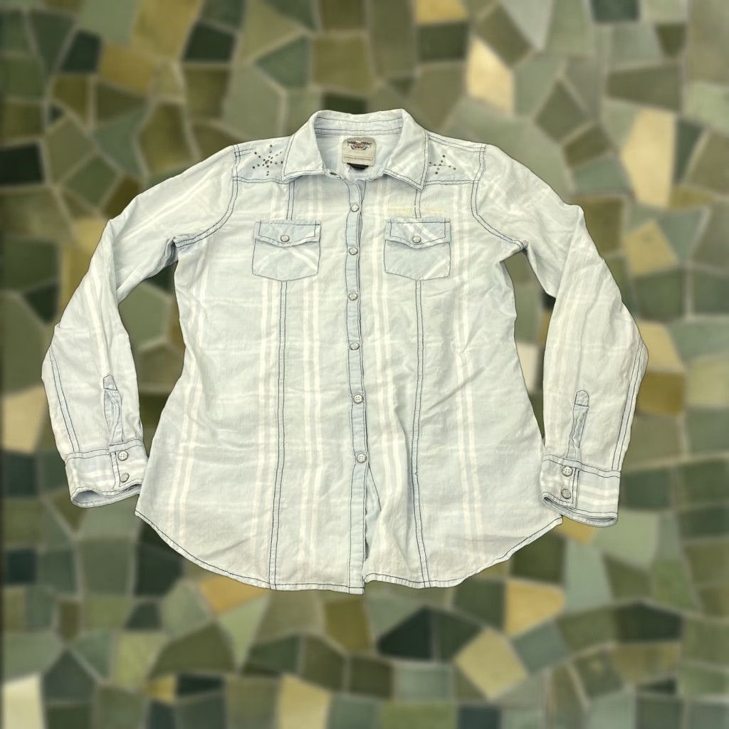 Harley Davidson Harley-Davidson Women’s Cotton Plaid Western Shirt Medium Blue Denim Casual Biker Motorcycle Size M / US 6-8 / IT 42-44 - 1 Thumbnail
