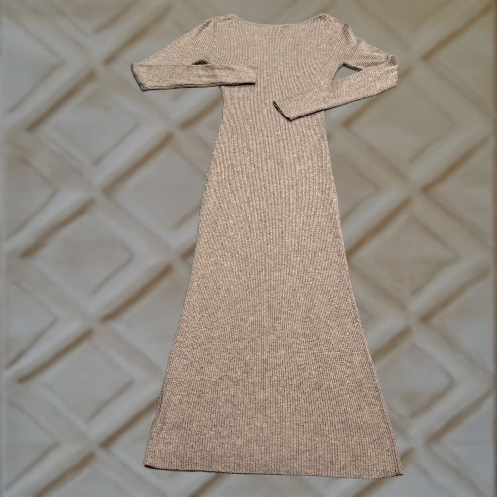 Vintage AllRow Knitted Henley Midi Sweater Dress Womens XS Taupe Brown Long Sleeve Wool Blend Size XS / US 0-2 / IT 36-38 - 1 Thumbnail