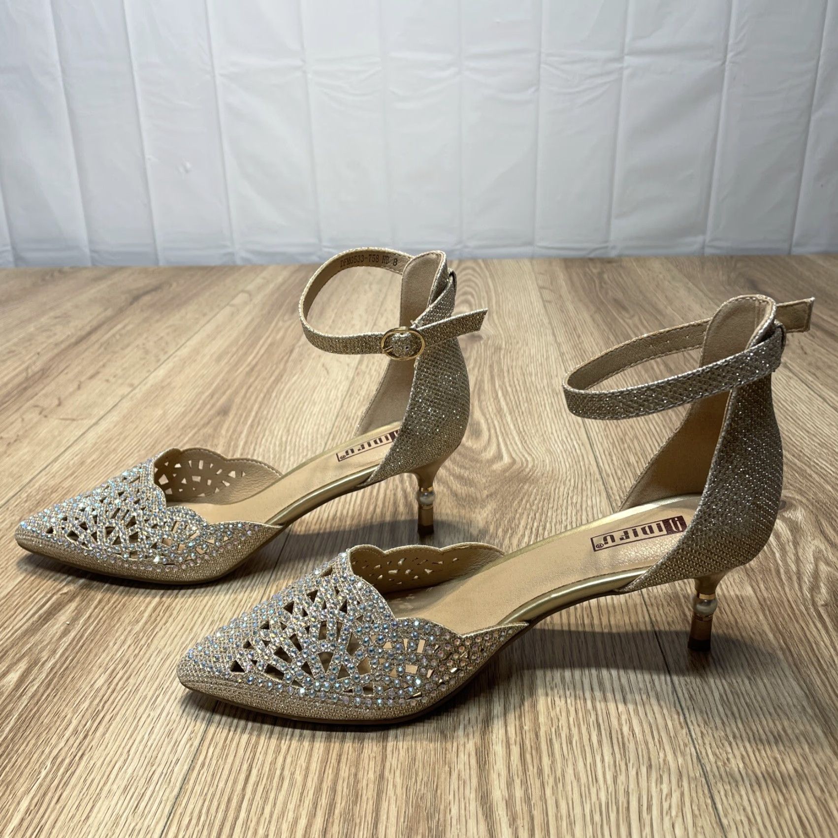 Vintage IDIFU Women's Silver Rhinestone Sequin Ankle Strap Heels Size 8 Open Toe Wedding Pump Size US 8 / IT 38 - 6 Thumbnail