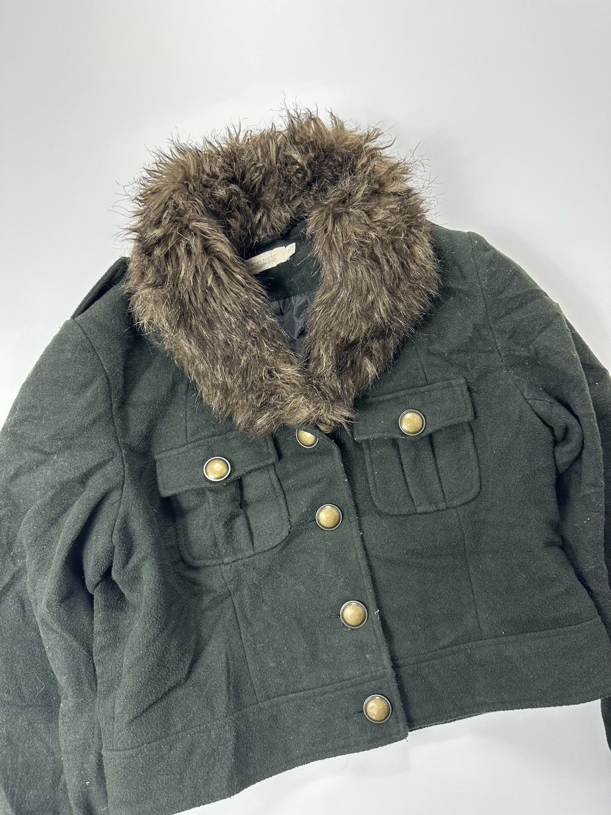 Japanese Brand Women's Faux Fur Button Cropped Jacket Deep Green Size M / US 6-8 / IT 42-44 - 4 Thumbnail