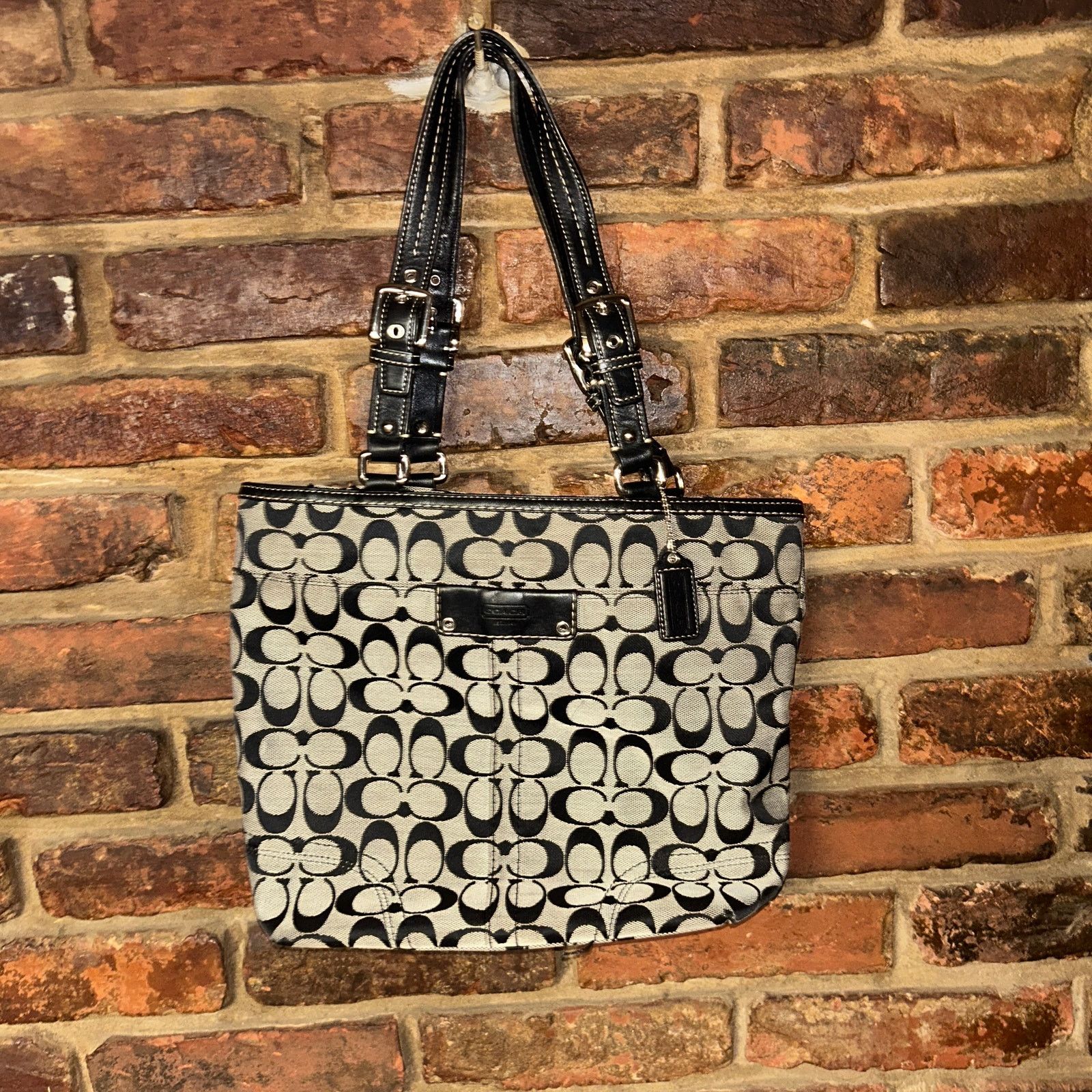 Coach Hampston Gray Black Signature Tote Bag Women's Purse in Grey