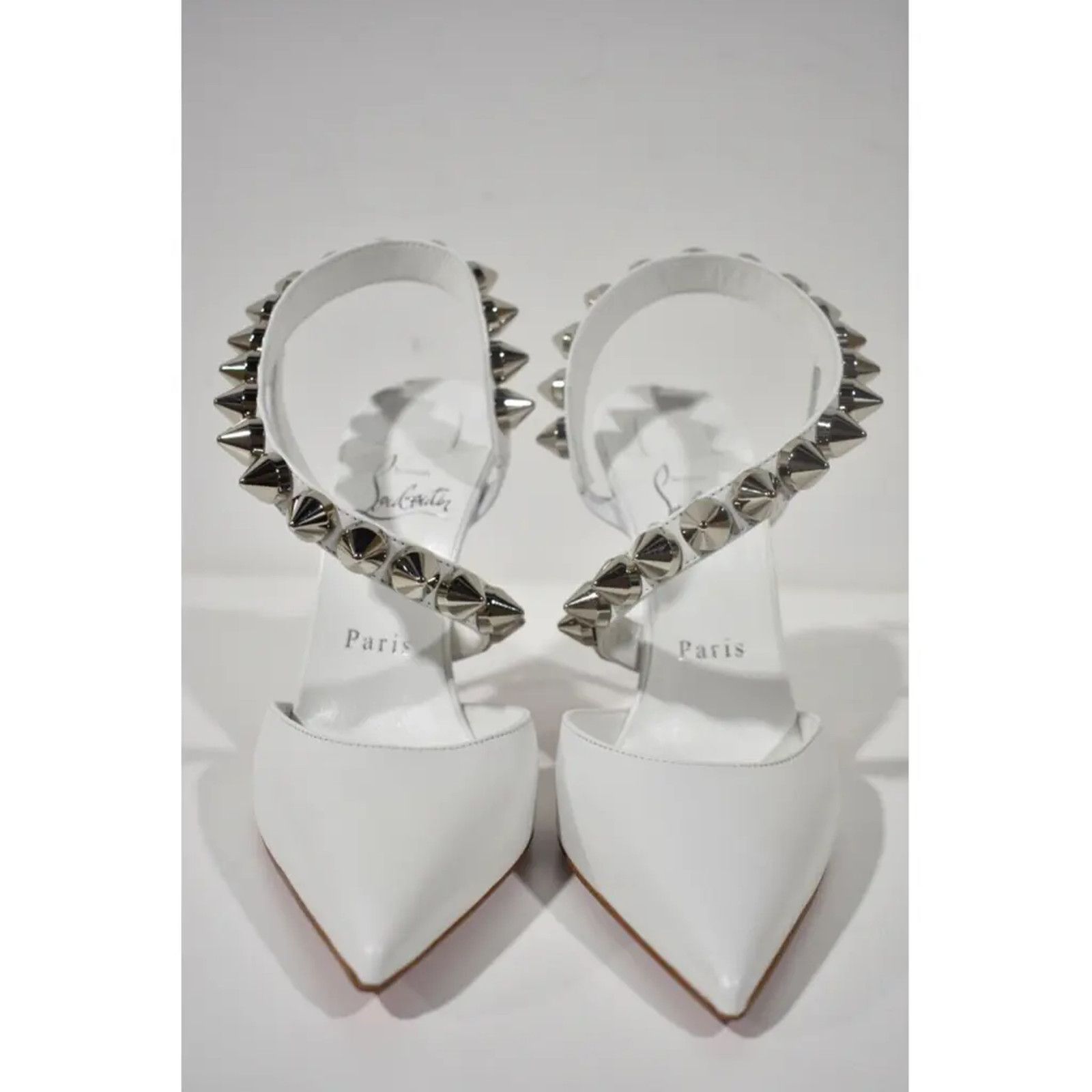 Christian Louboutin Spikita Pump 100 Bianco White Spike Strappy Sandal Heel 42 Size US 12 / IT 42 - 4 Thumbnail