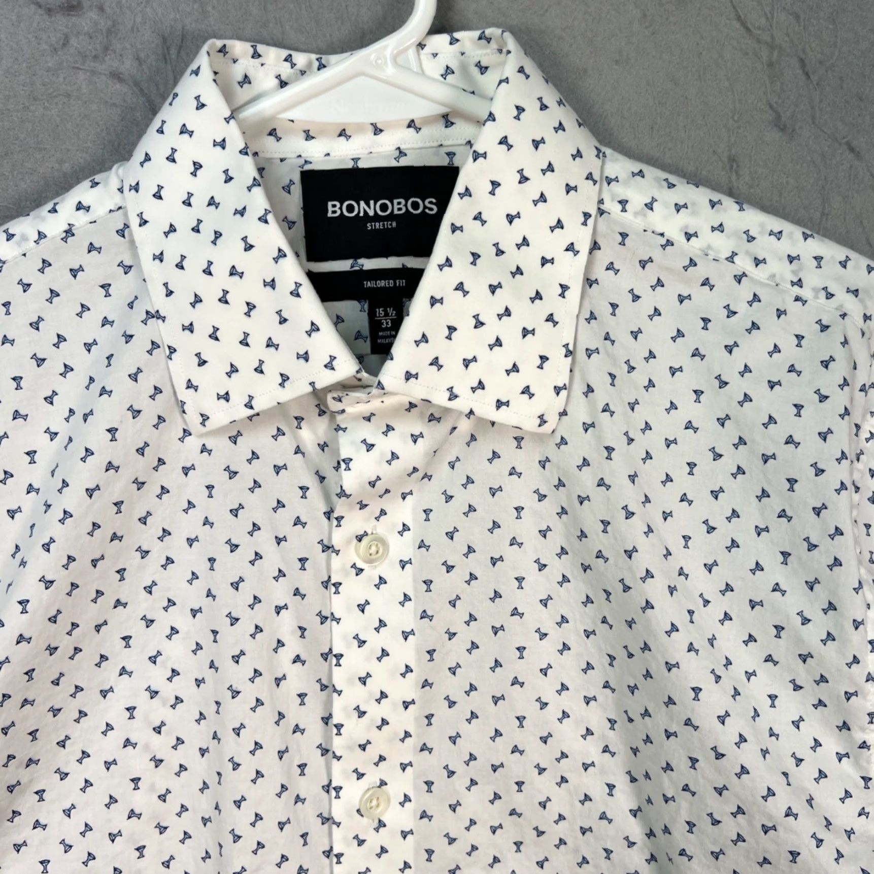 Bonobos Bonobos White Stretch Button-Up Shirt Mens 33 Tailored Fit Long Sleeve Casual Cotton Print Martini Glass Vintage No Size US XS / EU 42 / 0 - 5 Thumbnail