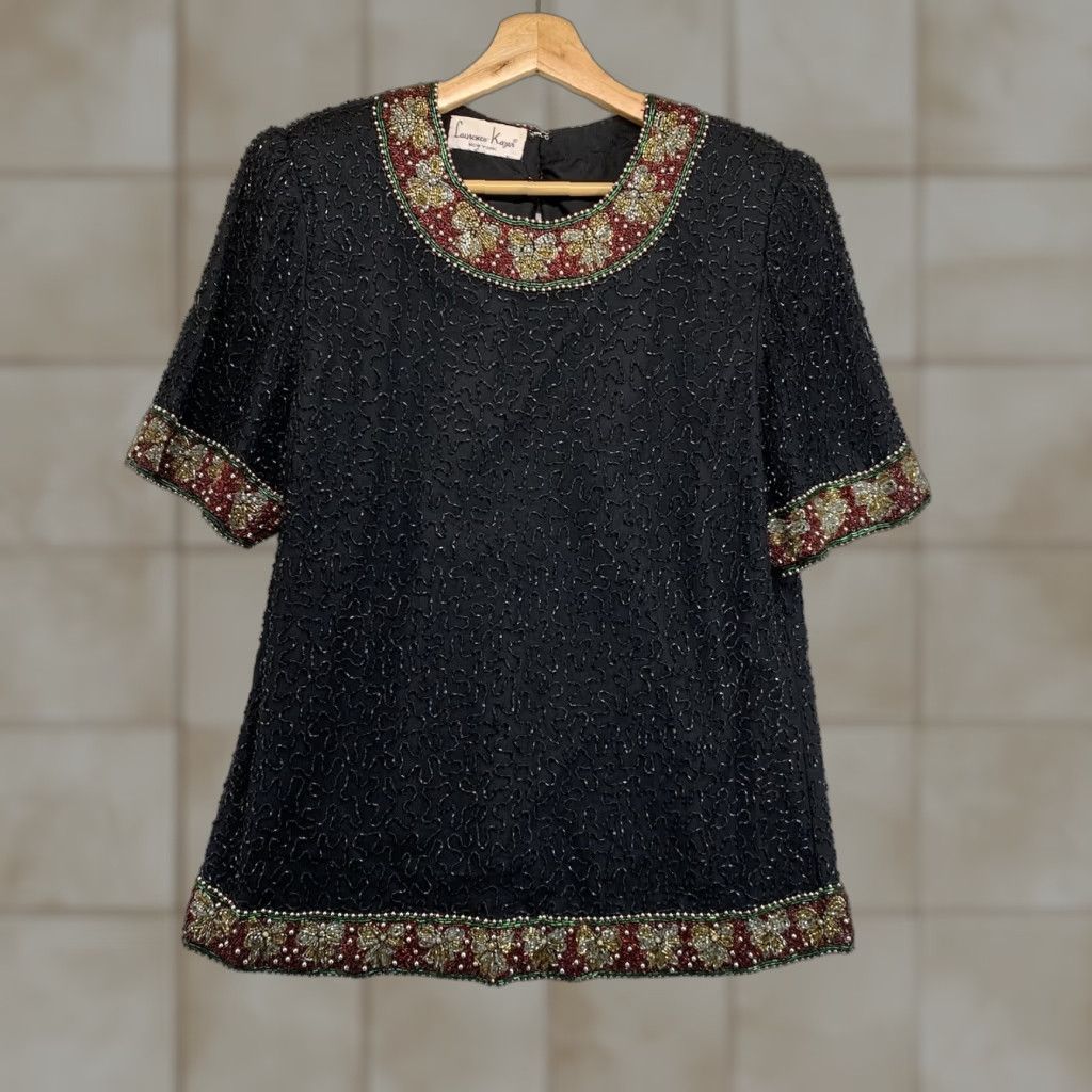 Vintage VINTAGE Laurence Kazar Women's Blouse Short Sleeve Silk Black Beaded Sequin 80s 90s Formal Party Size M / US 6-8 / IT 42-44 - 1 Thumbnail