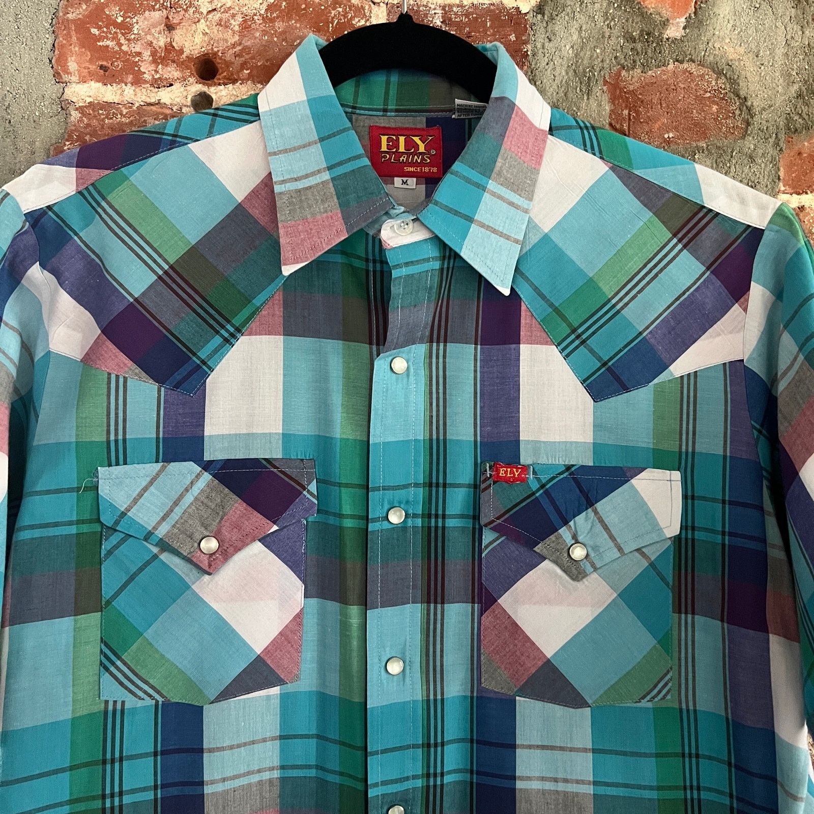 Vintage VTG ELY Plains Men's SS Blue Plaid Pearl Snap Shirt M 21x30 Size US M / EU 48-50 / 2 - 1 Thumbnail