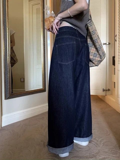 Japanese Brand × Vintage Women Deep Blue Loose Wide Leg Jeans Size 33" - 4 Thumbnail