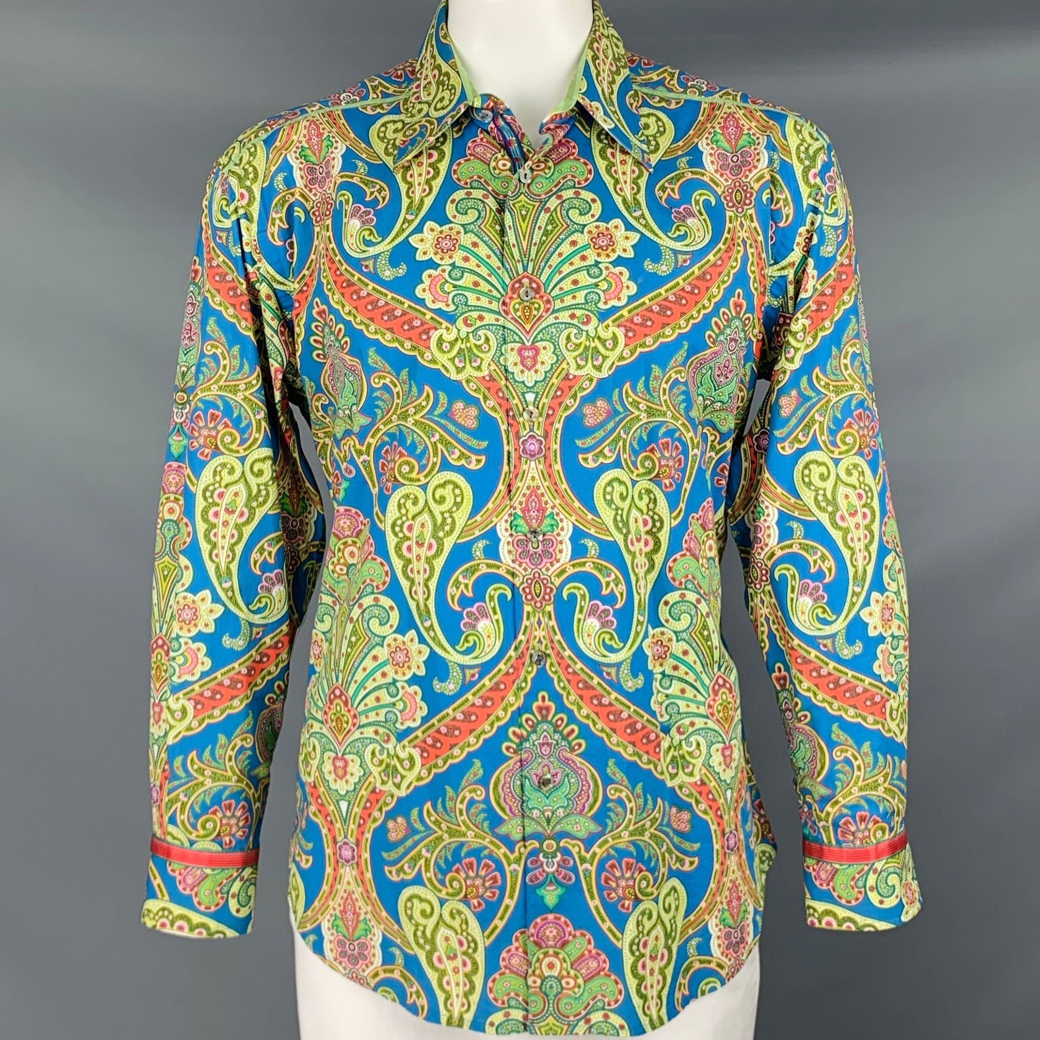 image of Robert Graham Blue Multi Color Paisley Cotton Long Sleeve Shirt, Men's (Size XL)