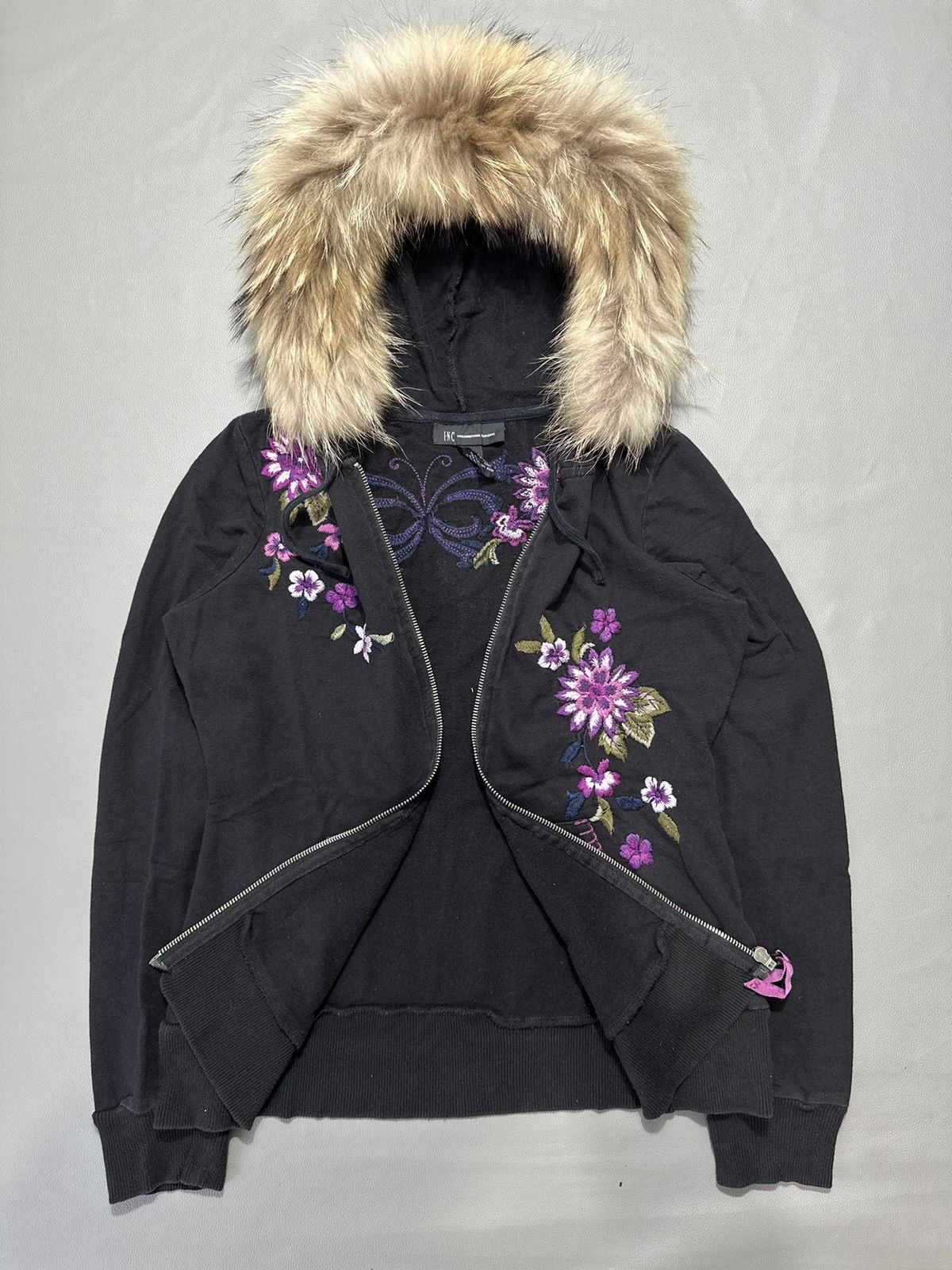 20471120 × Japanese Brand INTERNATIONAL CONCEPT EMBROIDERY FLOWER FUR ZIP BLACK HOODIE Size US S / EU 44-46 / 1 - 7 Thumbnail