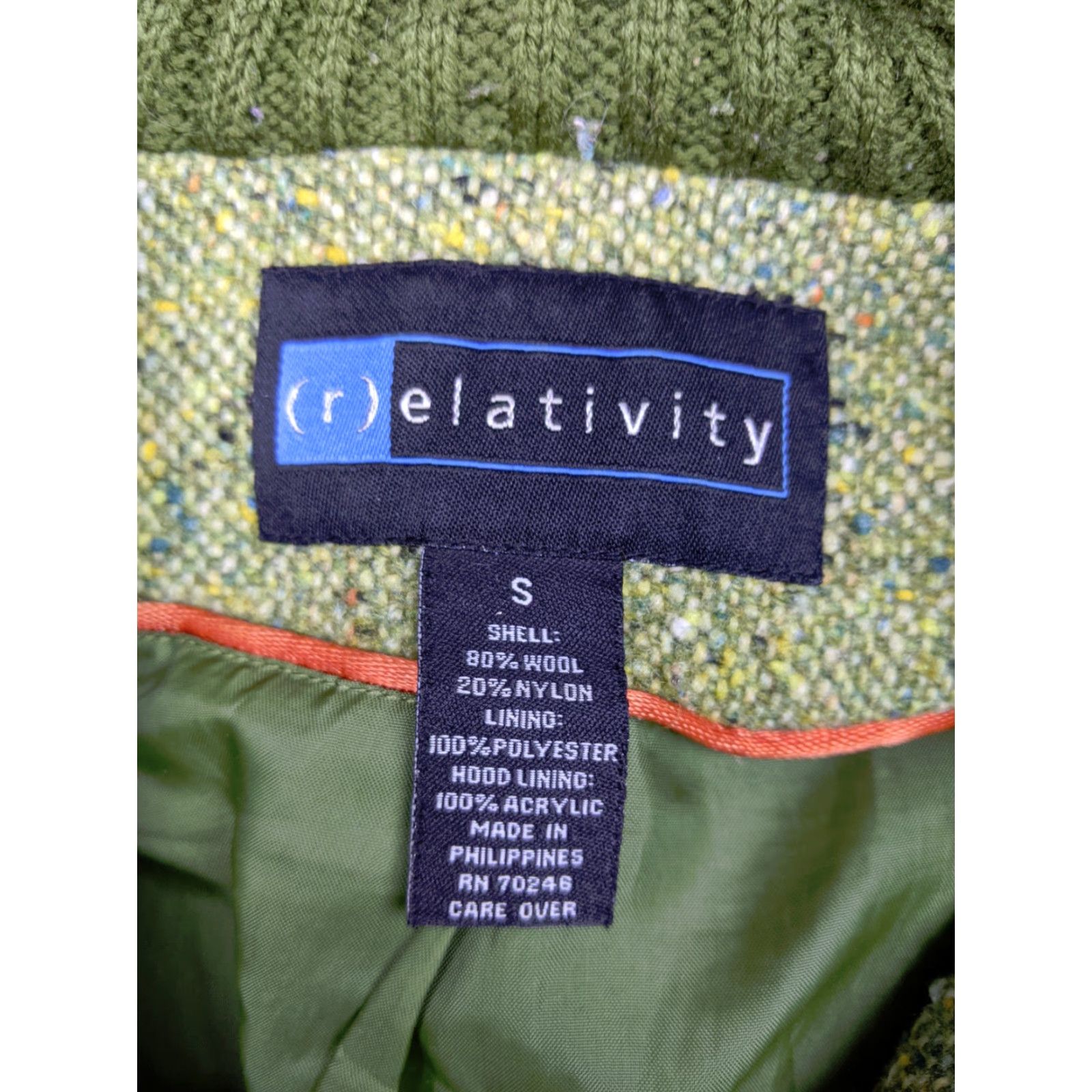 Vintage Relativity Womens Jacket Coatigan S Green Tweed Wool Blend Zip Hood Size S / US 4 / IT 40 - 5 Thumbnail