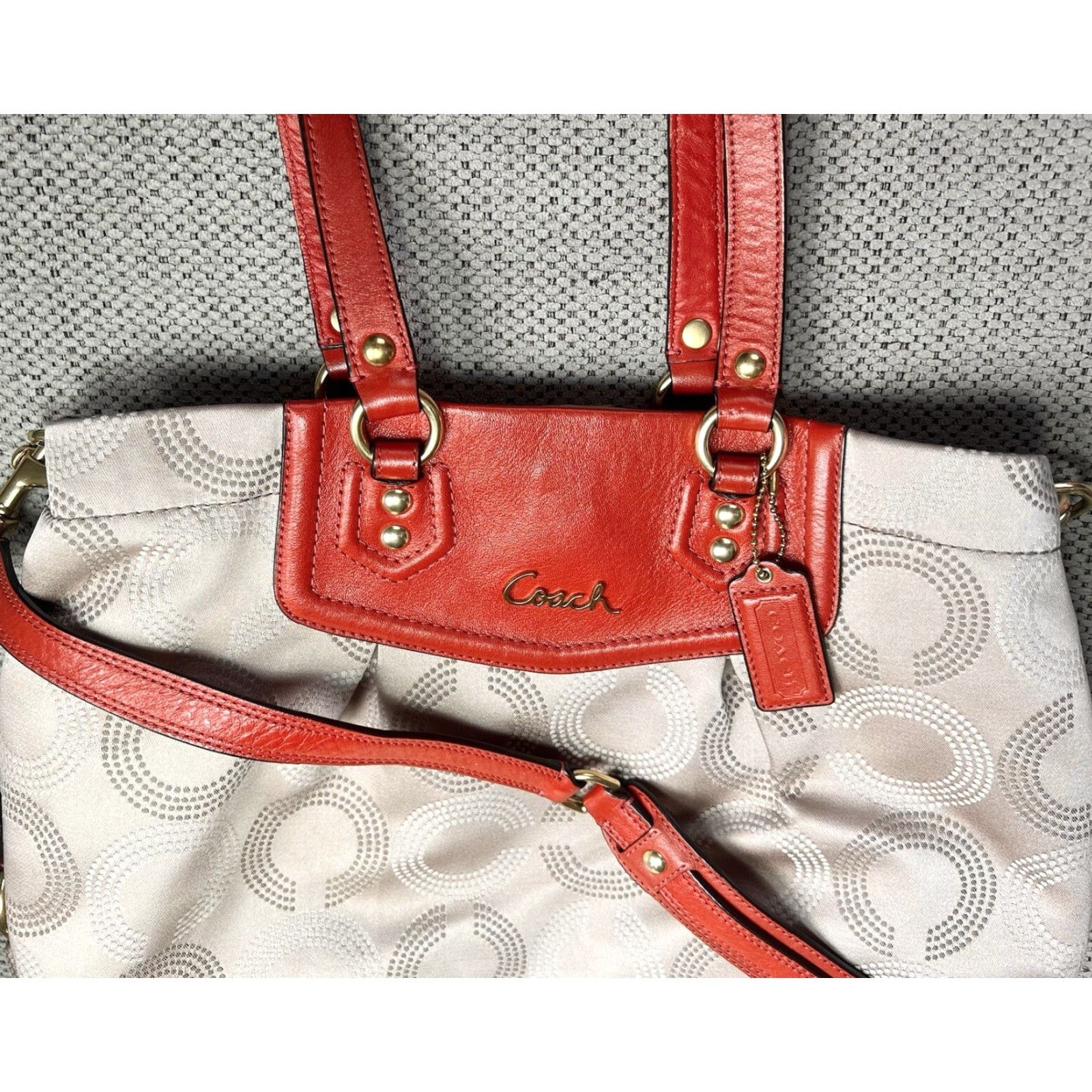 Coach Coach Shoulder Bag - F20049 Ashley Khaki Dotted Op Art Leather Trim - Detachable Strap - 15” x 10.5” x 3.5” - Women’s / Gold Hardware / Khaki Exterior Size ONE SIZE - 2 Thumbnail
