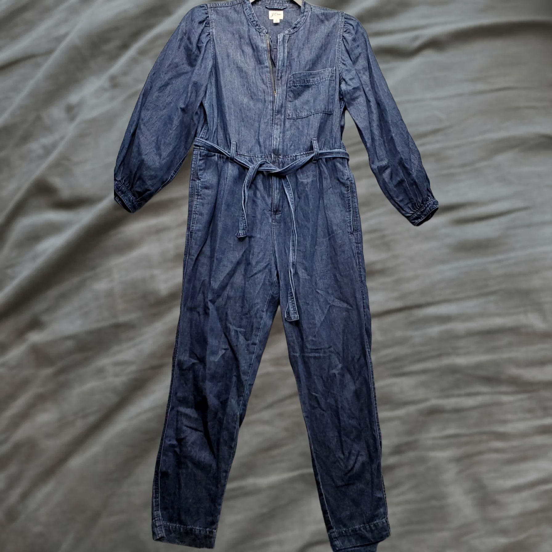 J.Crew J.Crew Jumpsuit Womens 6 Blue Denim Belted Utility Puff Sleeve Front Zip Shirt Size 28" / US 6 / IT 42 - 1 Thumbnail