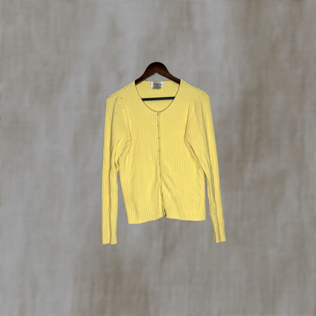 Vintage Chadwick's Cardigan Yellow Ribbed Cotton Blend Long Sleeve Button Crew Neck Size L Womens Size L / US 10 / IT 46 - 1 Thumbnail