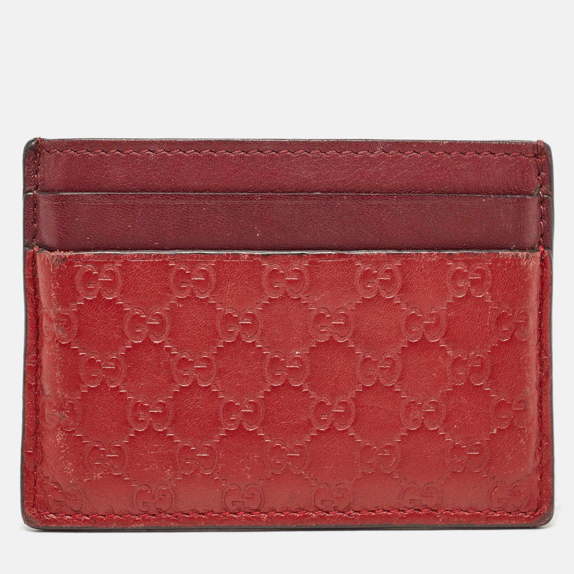 image of Gucci Red/burgundy Microssima Leather Card Holder, Women's