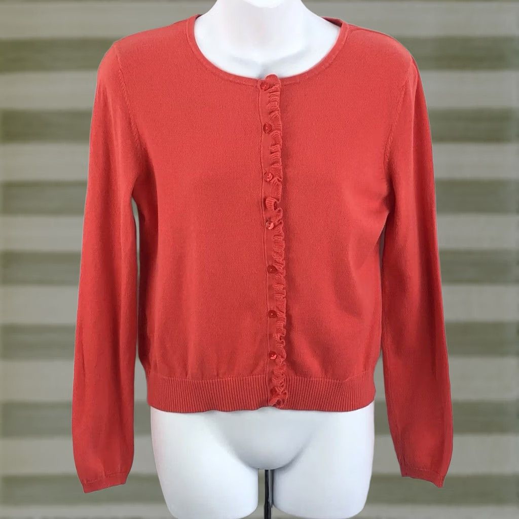 Loft LOFT Ann Taylor Cardigan Sweater S Orange Button Crochet Ruffles Cottage Preppy Casual Women Size S / US 4 / IT 40 - 1 Thumbnail