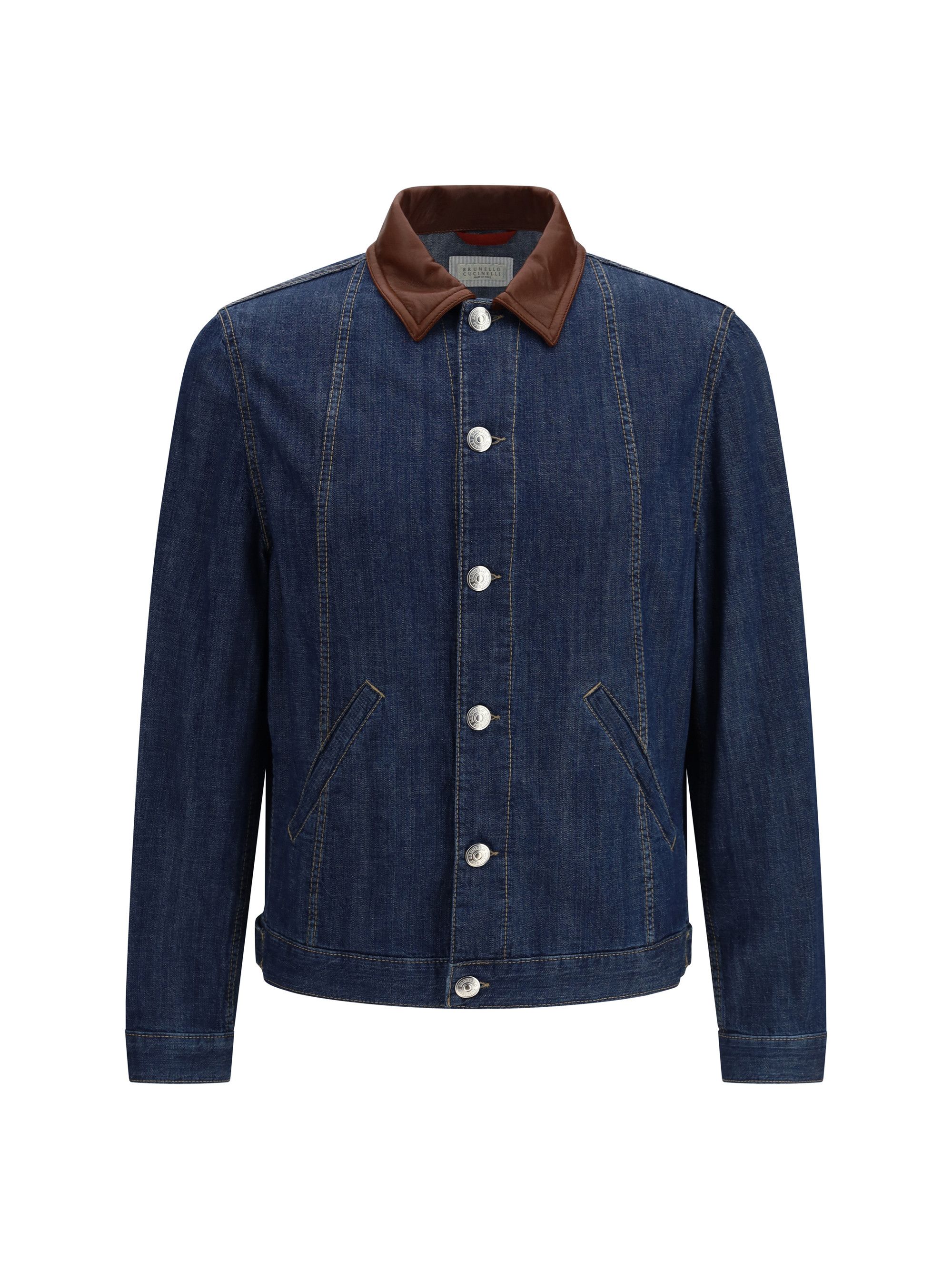 Brunello Cucinelli Denim Jacket with leather collar Size US L / EU 52-54 / 3 - 1 Thumbnail